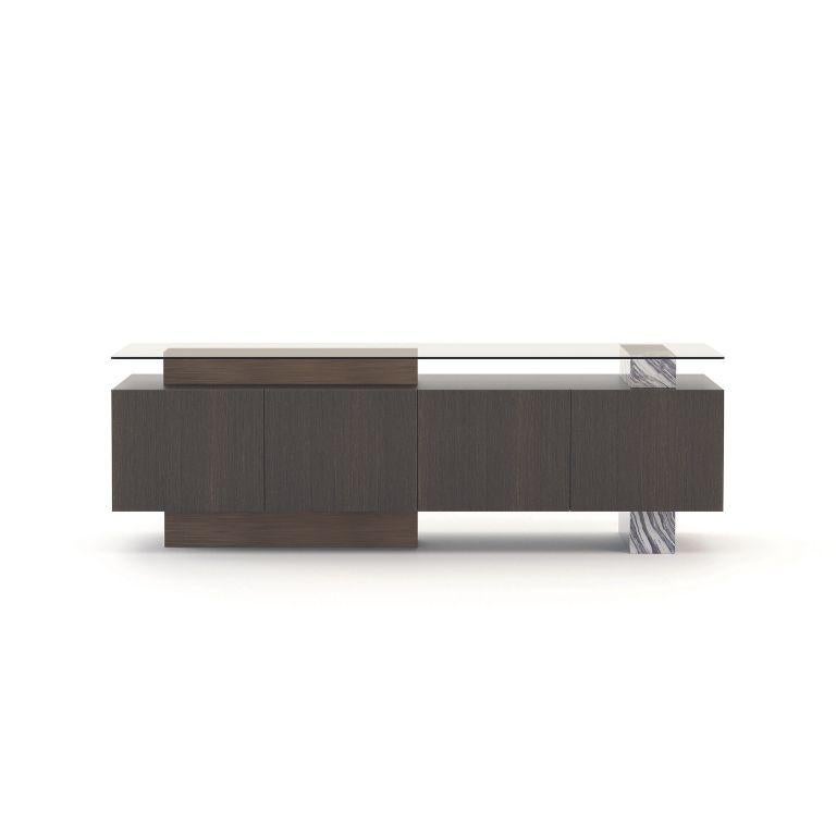 Fait main Buffet moderne Toro en chêne, laiton et dunes de Neolith au Colorado poli en vente