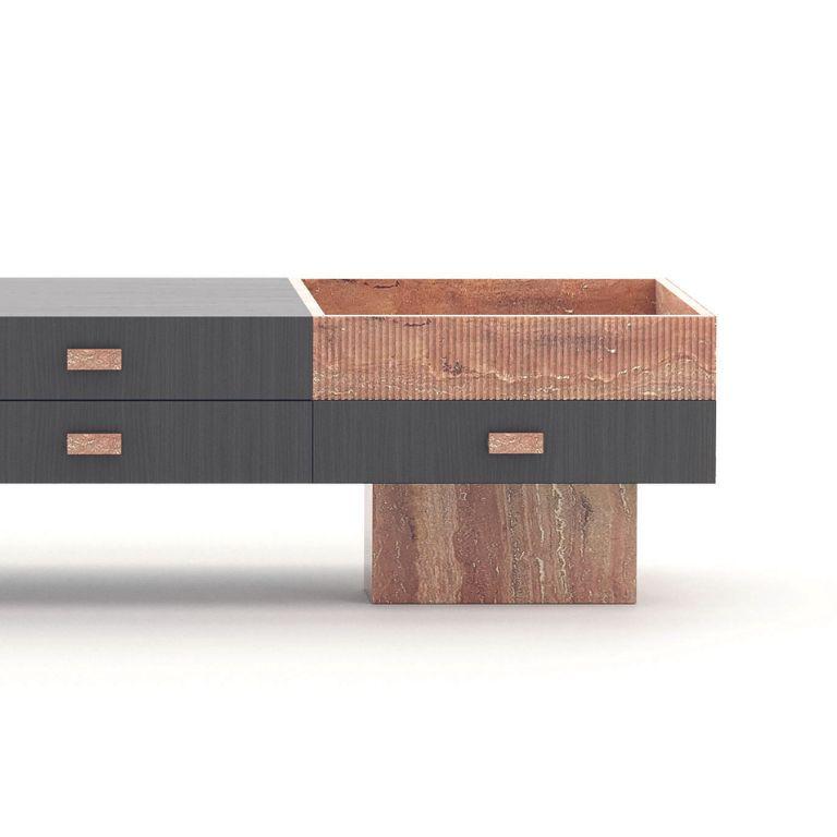 Portugais The Moderns TV Cabinet made with Black Oak Mate, Travertine and Antique Brass (meuble TV moderne en chêne noir, travertin et laiton antique) en vente