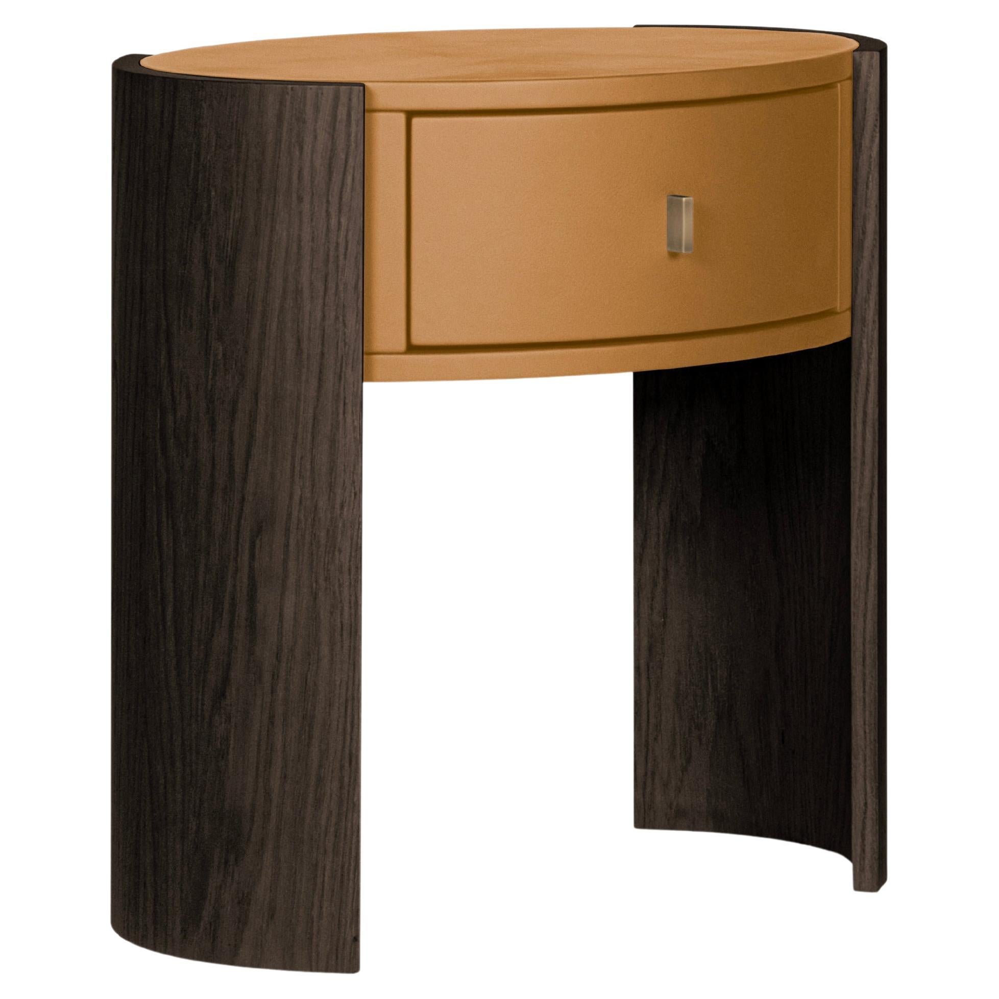 Table de nuit moderne Toscana, Oak, Brass, Caramel Leather, Handmade by Greenapple