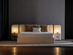 Modern Toscana US Queen Size Bed, Beige Chenille, Handmade Portugal Greenapple