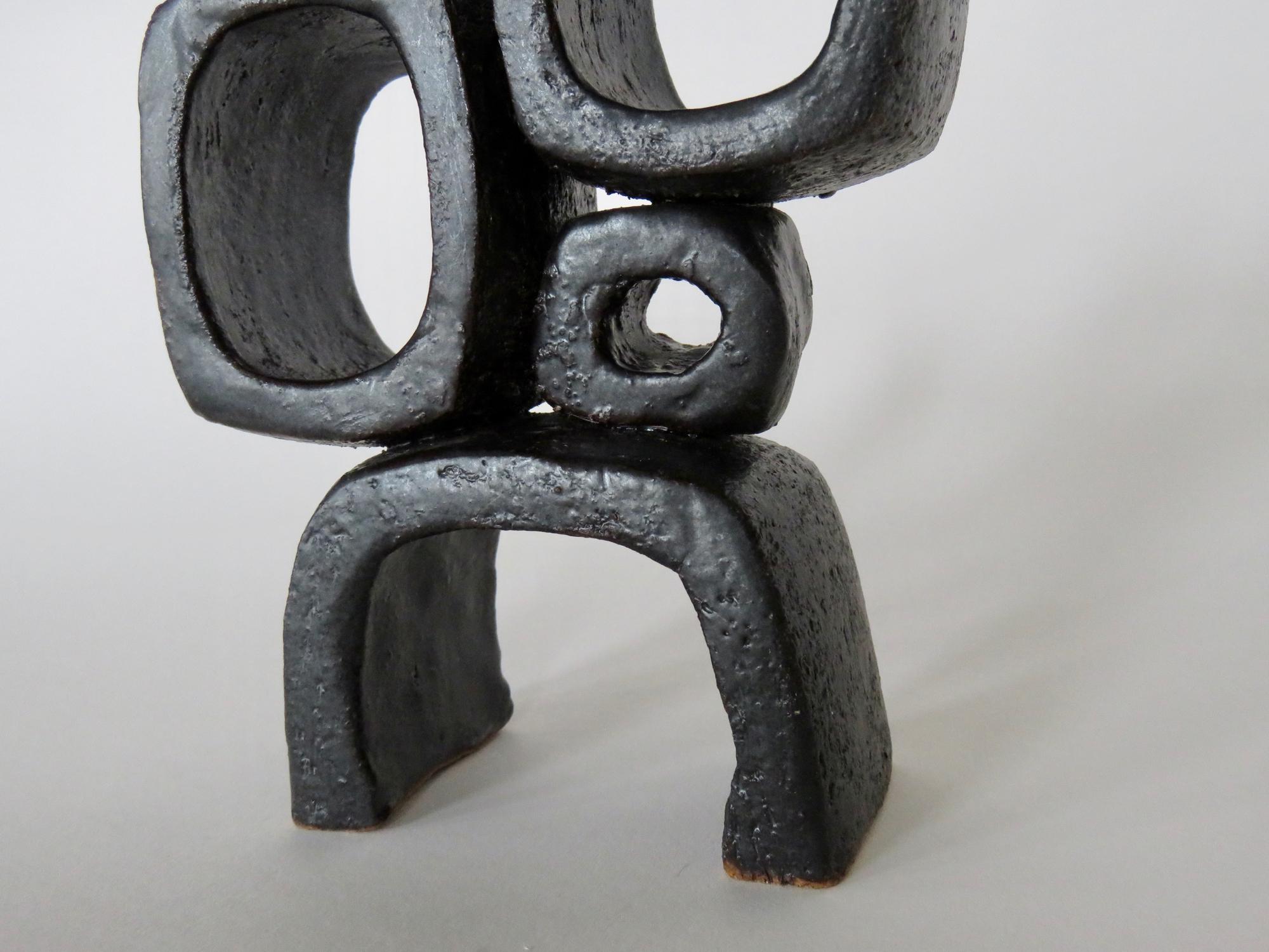 American Modern TOTEM, Metallic Black Ceramic Sculpture with 2 Rings, 1 Knot  Handbuilt