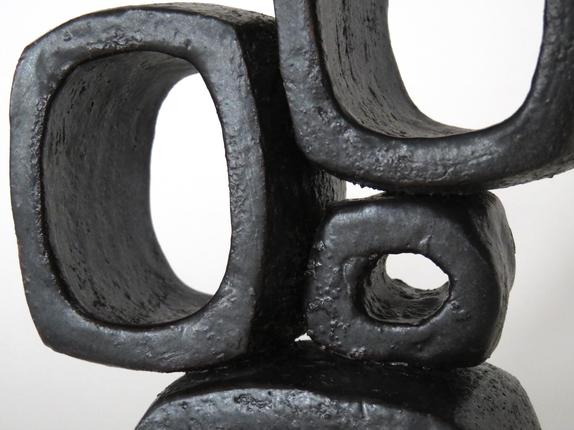 Glazed Modern TOTEM, Metallic Black Ceramic Sculpture with 2 Rings, 1 Knot  Handbuilt