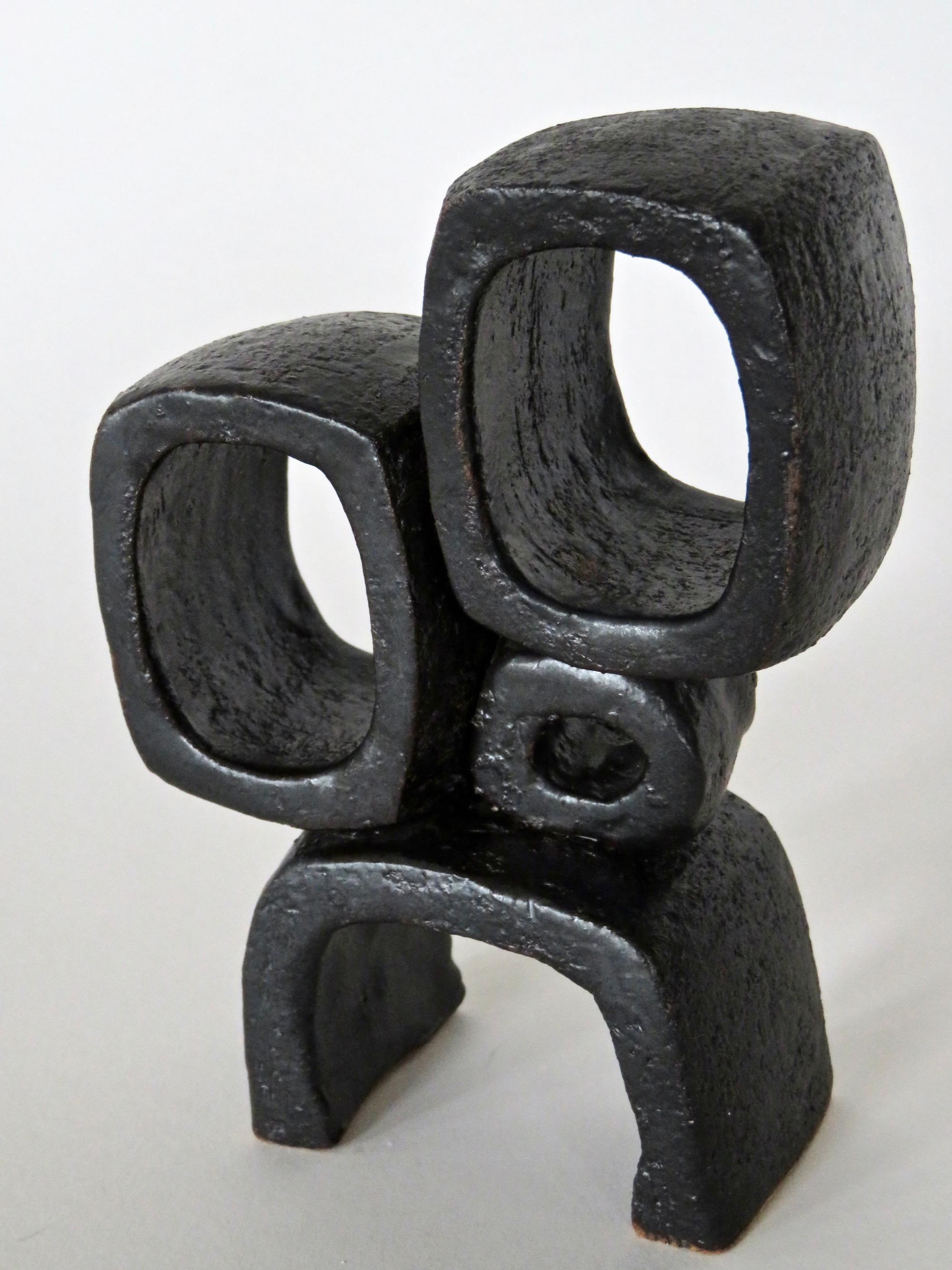 Contemporary Modern TOTEM, Metallic Black Ceramic Sculpture with 2 Rings, 1 Knot  Handbuilt