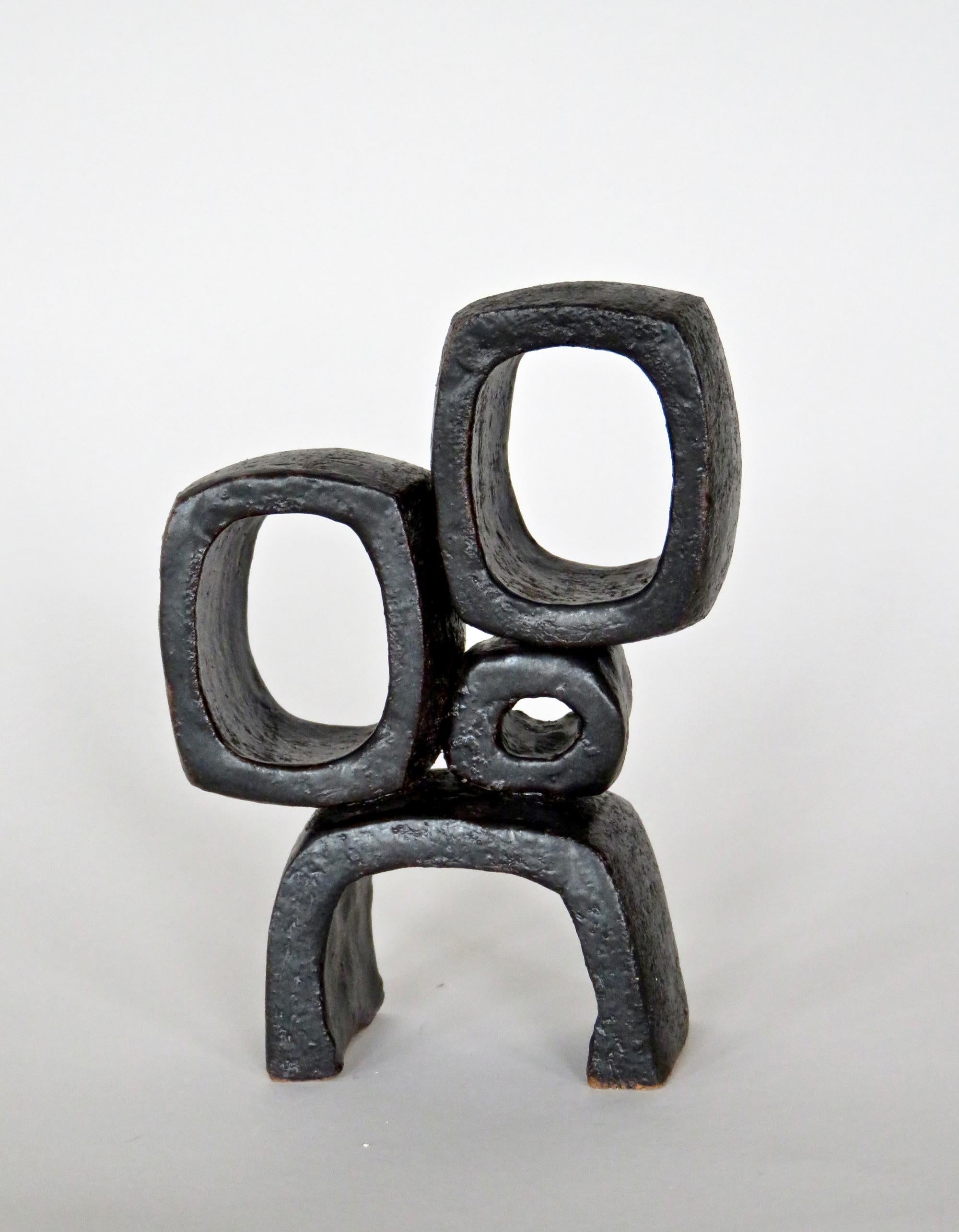 Modern TOTEM, Metallic Black Ceramic Sculpture with 2 Rings, 1 Knot  Handbuilt 1