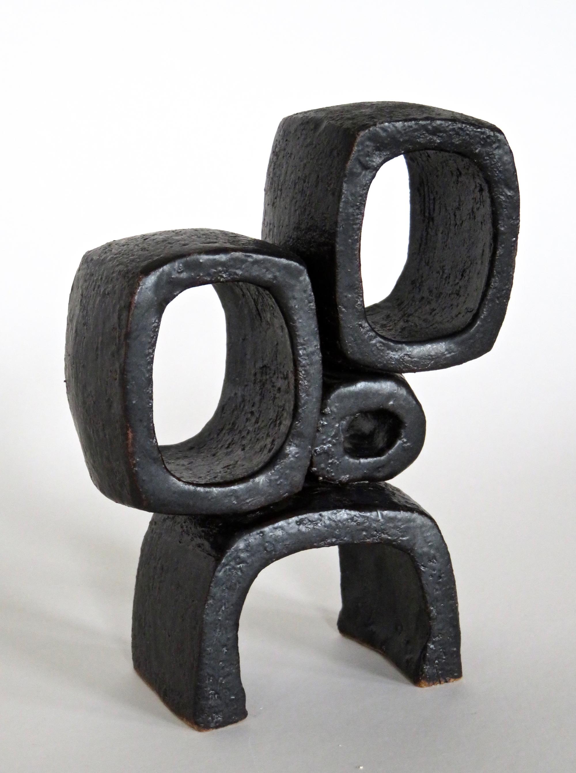 Modern TOTEM, Metallic Black Ceramic Sculpture with 2 Rings, 1 Knot  Handbuilt 2