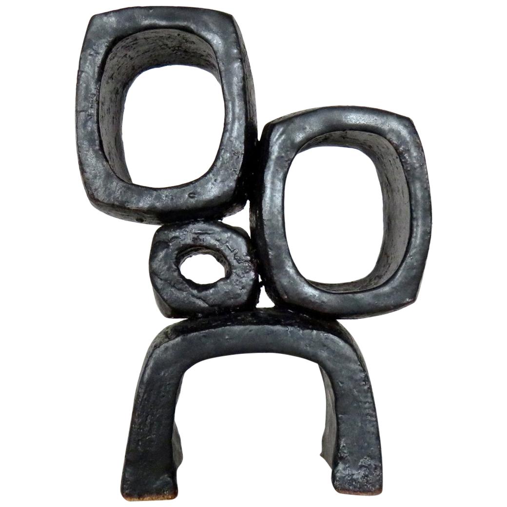 Modern TOTEM, Metallic Black Ceramic Sculpture with 2 Rings, 1 Knot  Handbuilt