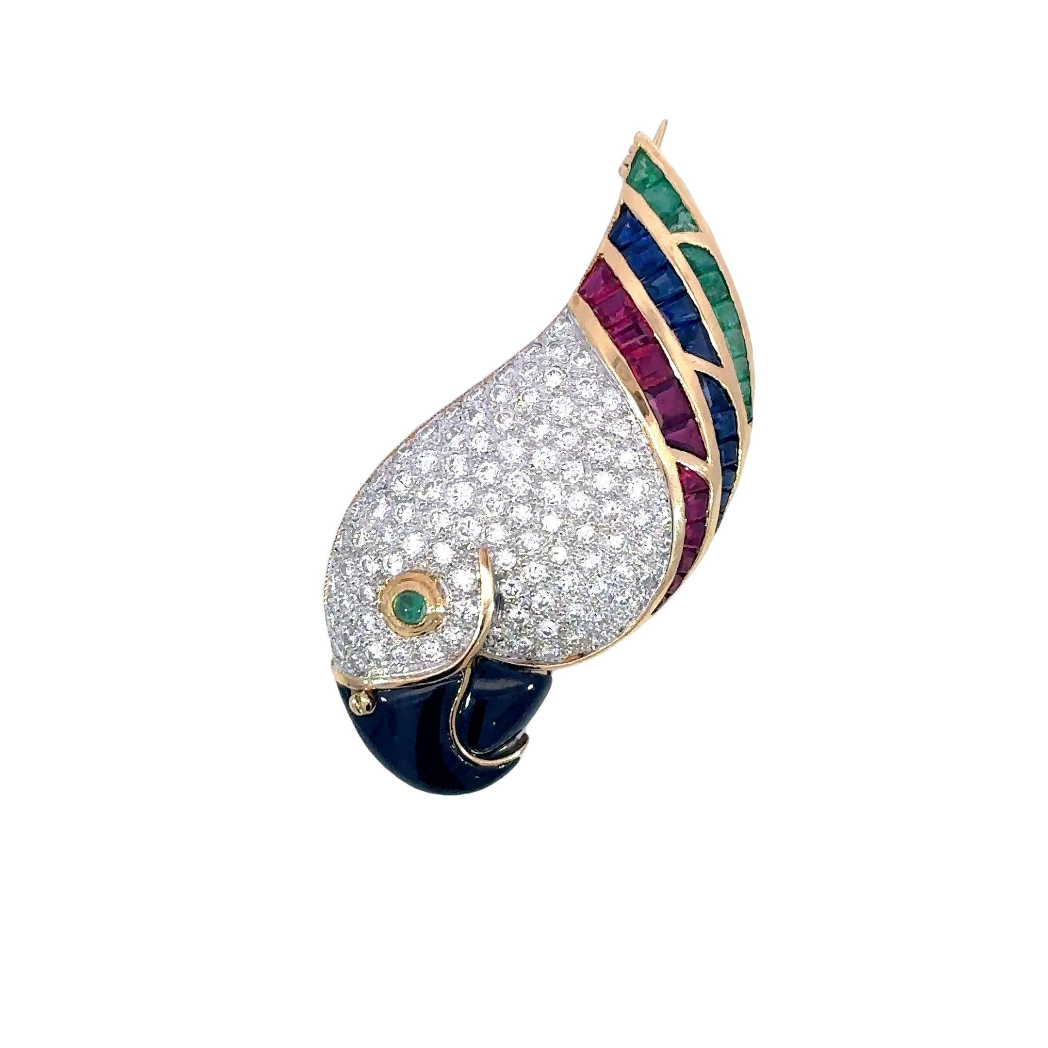 Picchiotti Parrot Bird Brooch 18K Yellow Gold with Emerald Rubies Sapphires 4