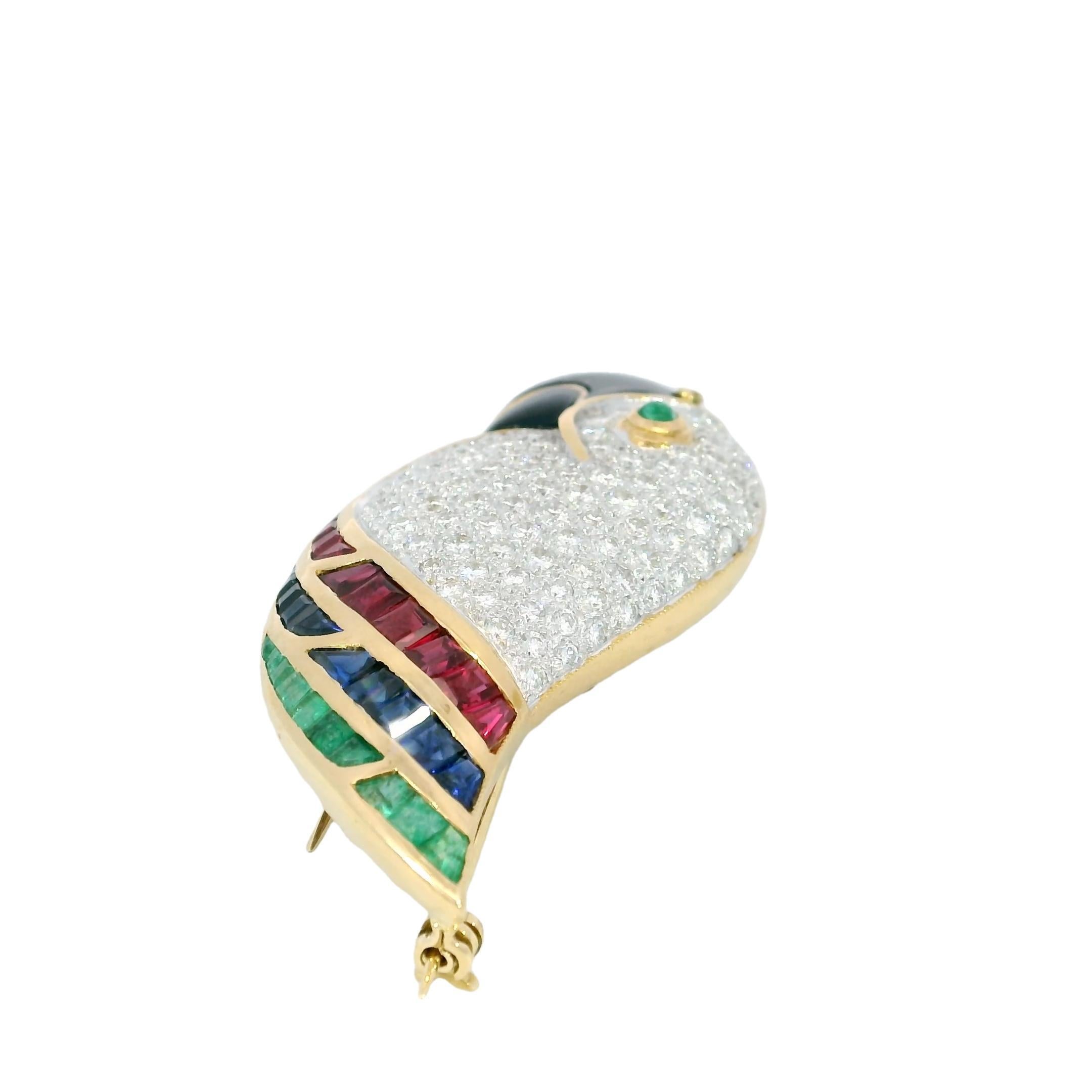 Round Cut Picchiotti Parrot Bird Brooch 18K Yellow Gold with Emerald Rubies Sapphires