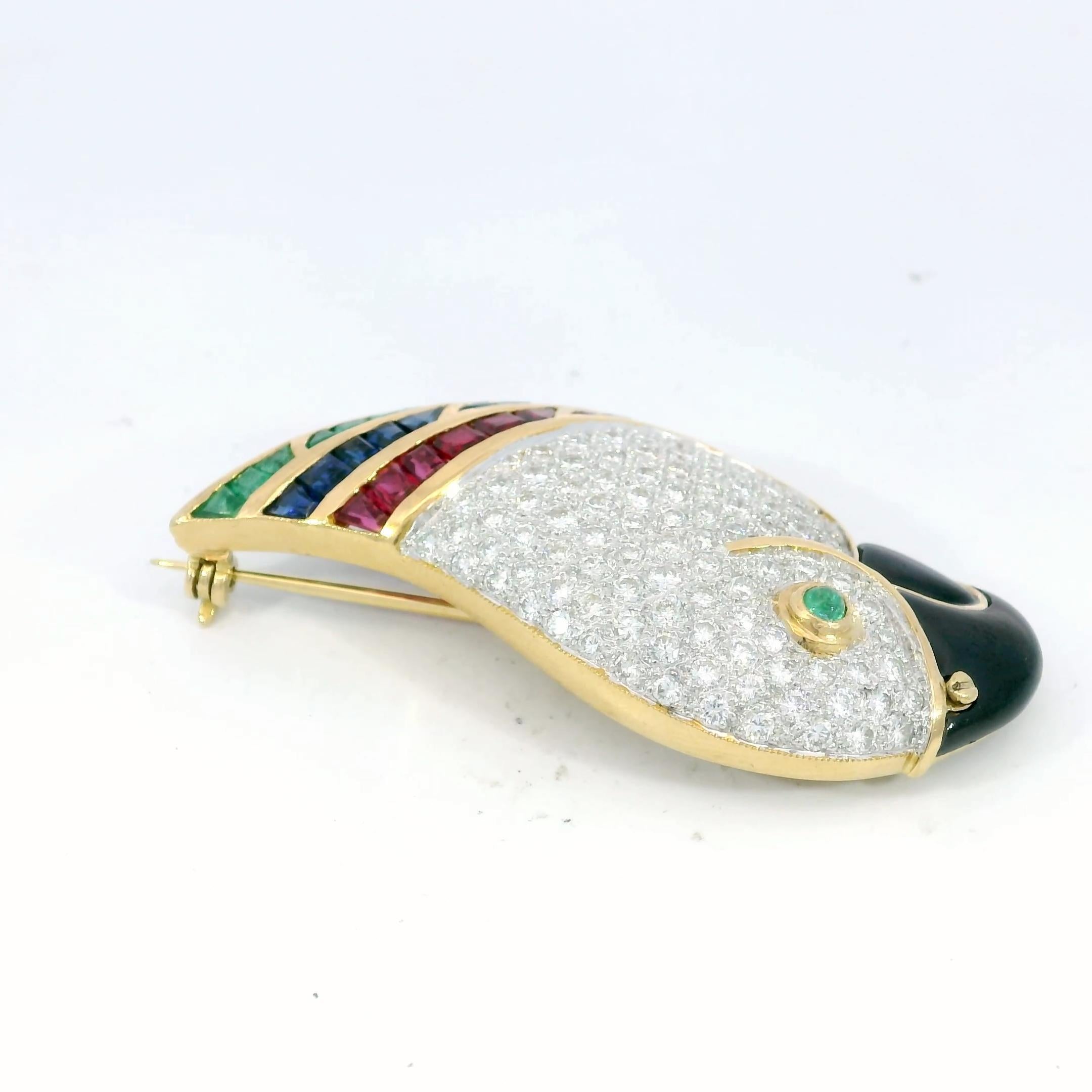 Women's Picchiotti Parrot Bird Brooch 18K Yellow Gold with Emerald Rubies Sapphires