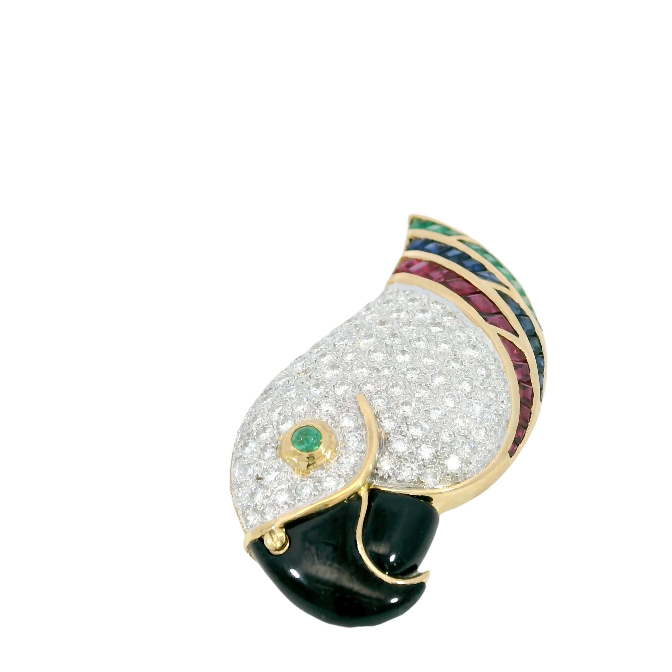 Picchiotti Parrot Bird Brooch 18K Yellow Gold with Emerald Rubies Sapphires 1