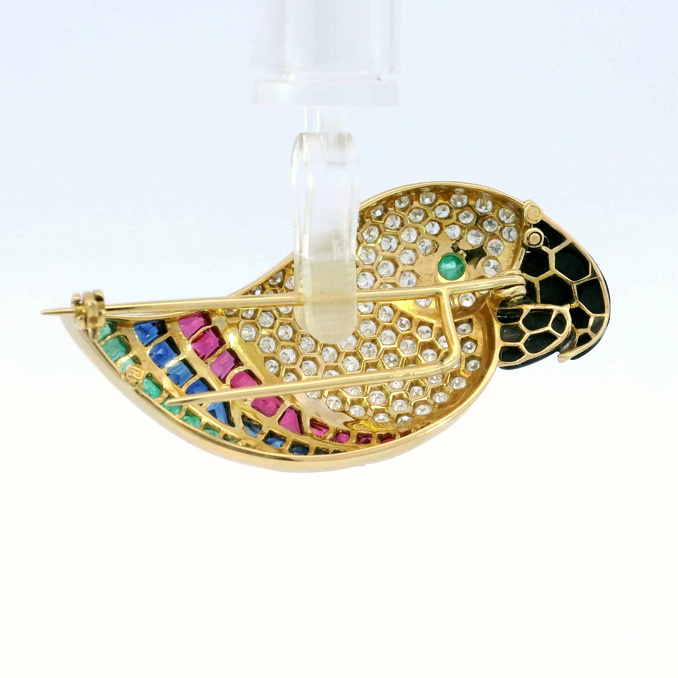 Picchiotti Parrot Bird Brooch 18K Yellow Gold with Emerald Rubies Sapphires 2