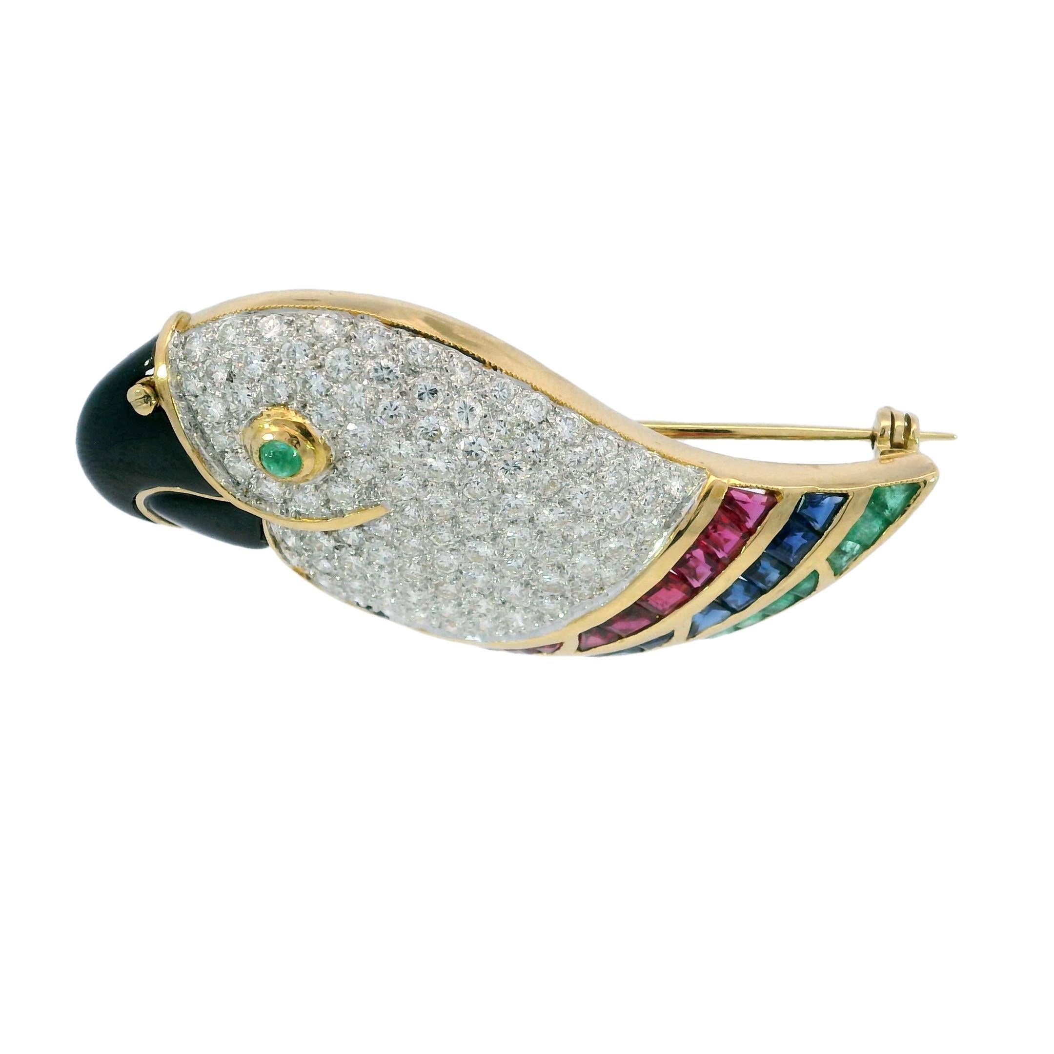 Picchiotti Parrot Bird Brooch 18K Yellow Gold with Emerald Rubies Sapphires 3
