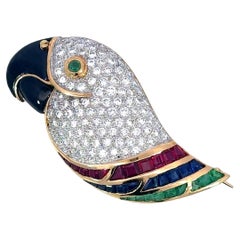 Picchiotti Parrot Bird Brooch 18K Yellow Gold with Emerald Rubies Sapphires