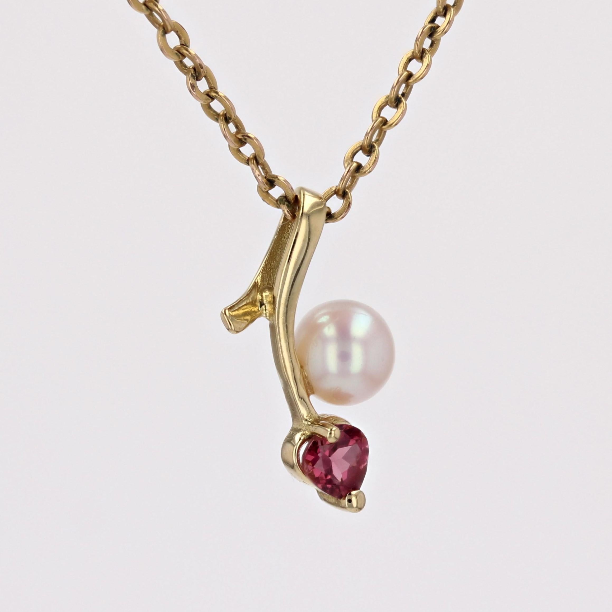 Modern Tourmaline Cultured Pearl 18 Karat Yellow Gold Pendant In Good Condition For Sale In Poitiers, FR
