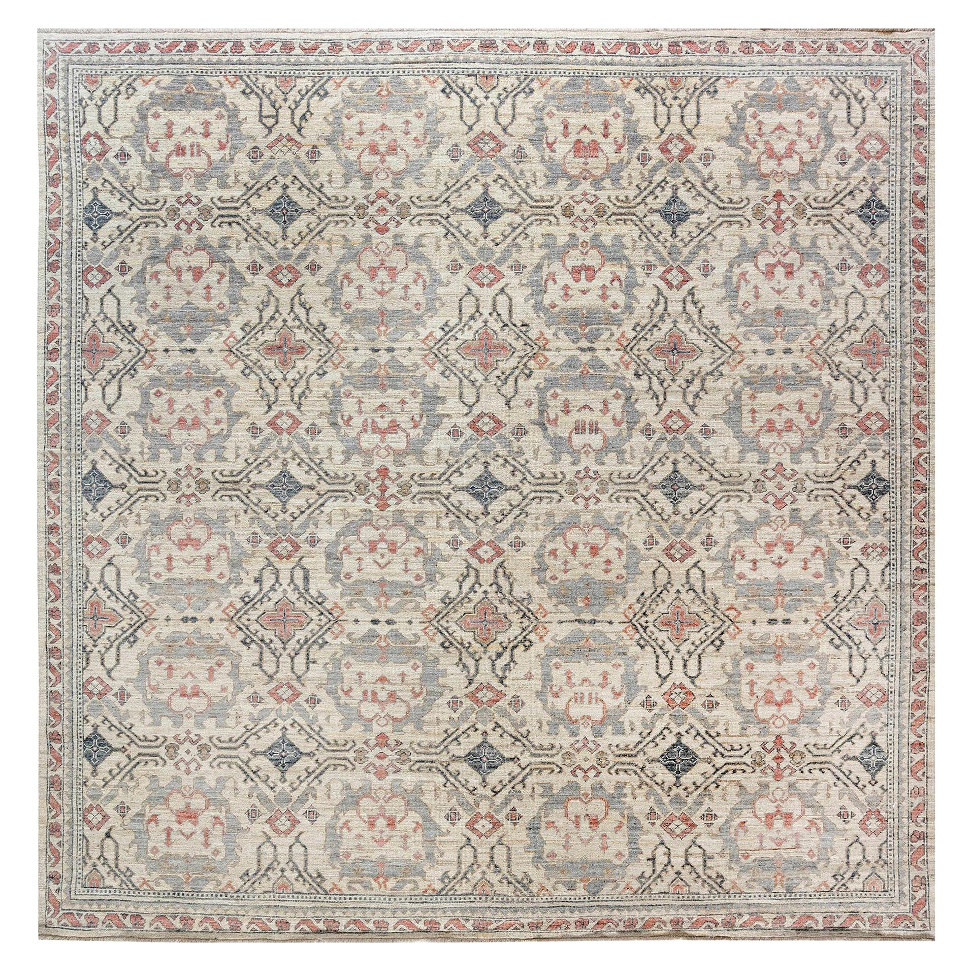 Modern Traditional Oushak Inspired Light Blue and Pink Wool Rug For