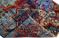 Modern Transitional Abstract Handmade Blue & Orange Silk Rug