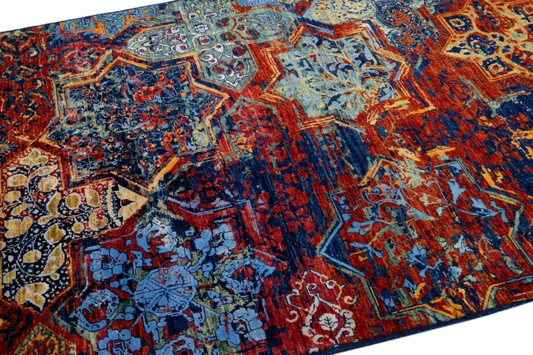 Modern Transitional Abstract Handmade Blue and Orange Silk Rug For Sale