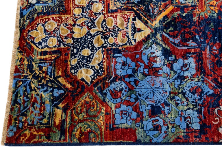 Modern Transitional Abstract Handmade Blue and Orange Silk Rug For Sale