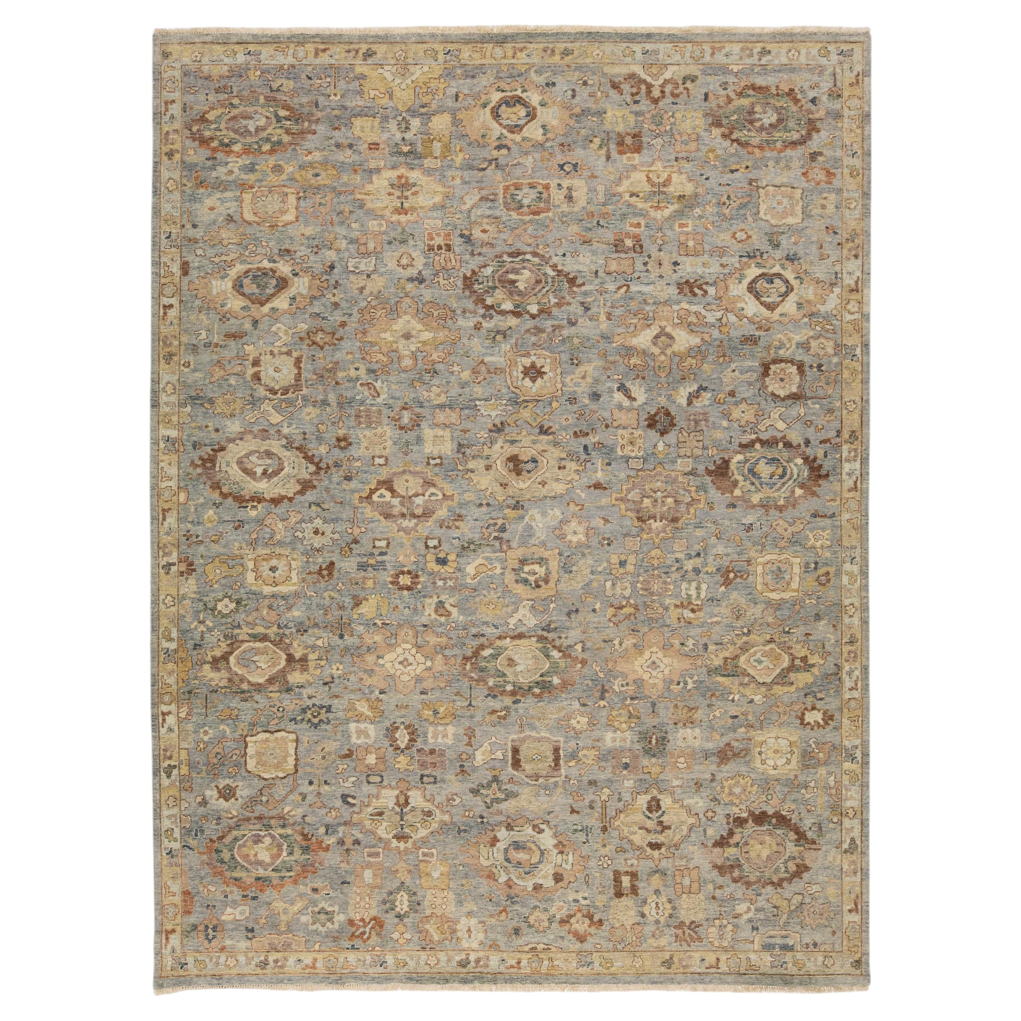 Modern Transitional Geometric Wool Area Rug – Blue & Beige Hand-Knotted Pattern For Sale