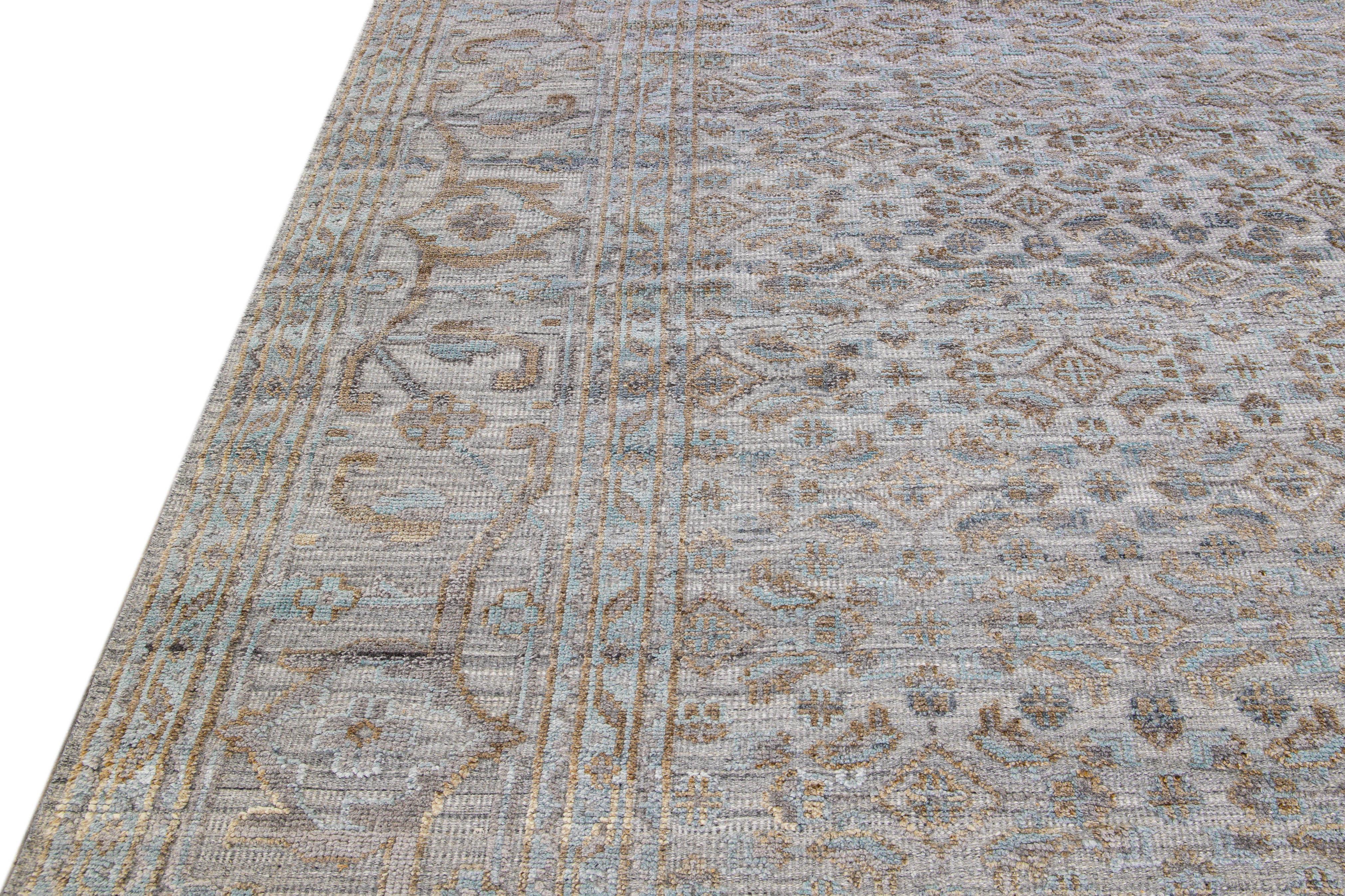 Pakistani Modern Transitional Handmade Allover Designed Oversize Beige Wool Rug For Sale