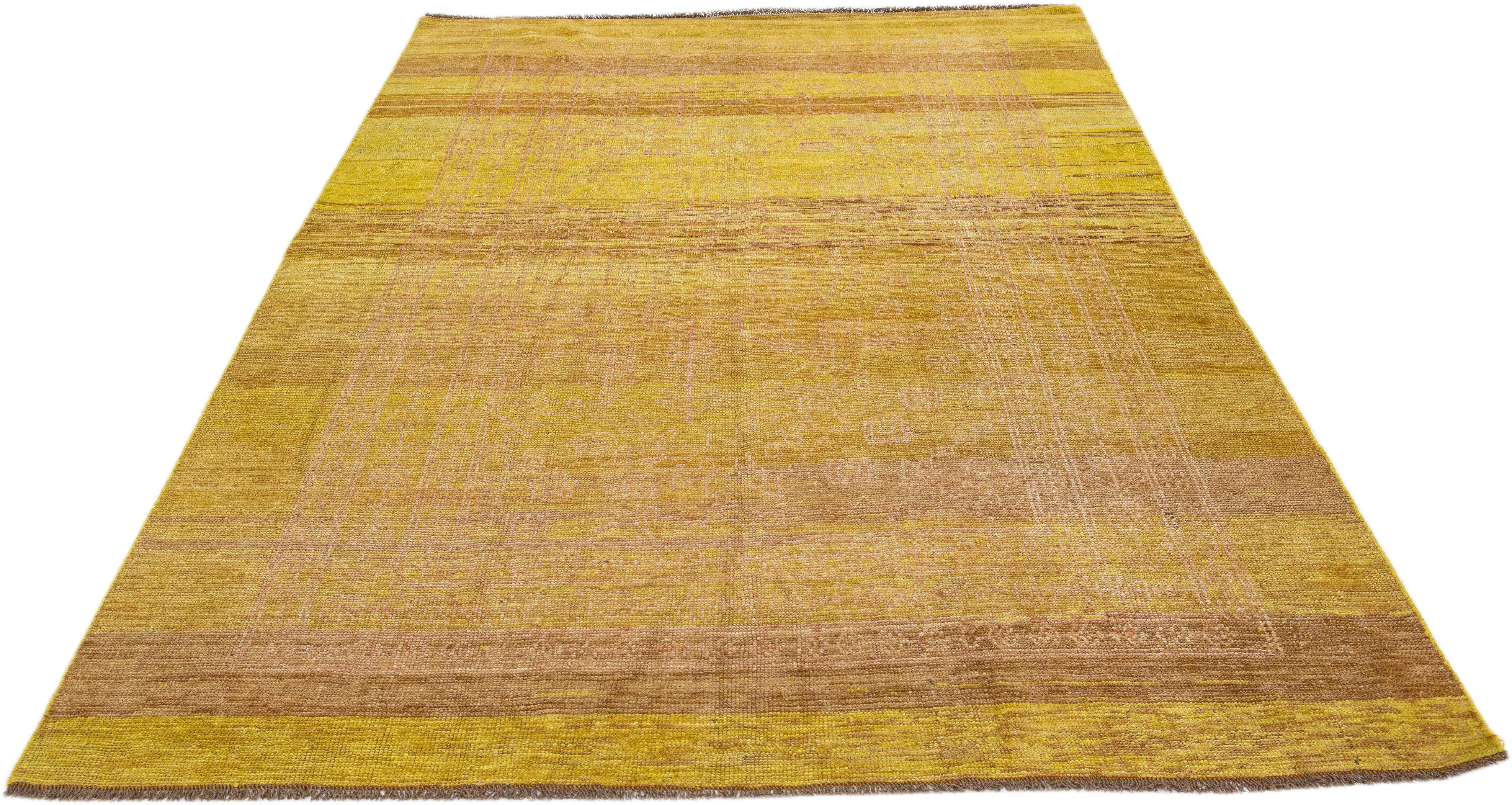 Afghan Modern Transitional Handmade Allover Yellow & Brown Wool Rug by Apadana For Sale