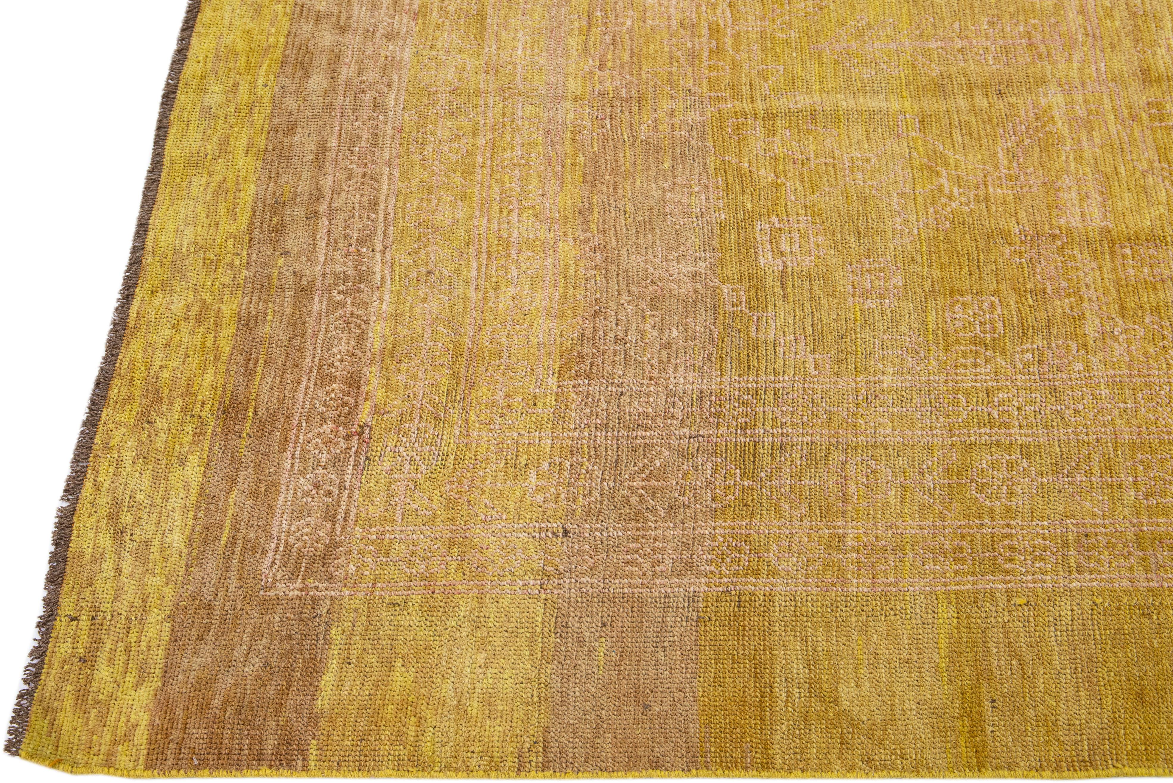 Hand-Knotted Modern Transitional Handmade Allover Yellow & Brown Wool Rug by Apadana For Sale