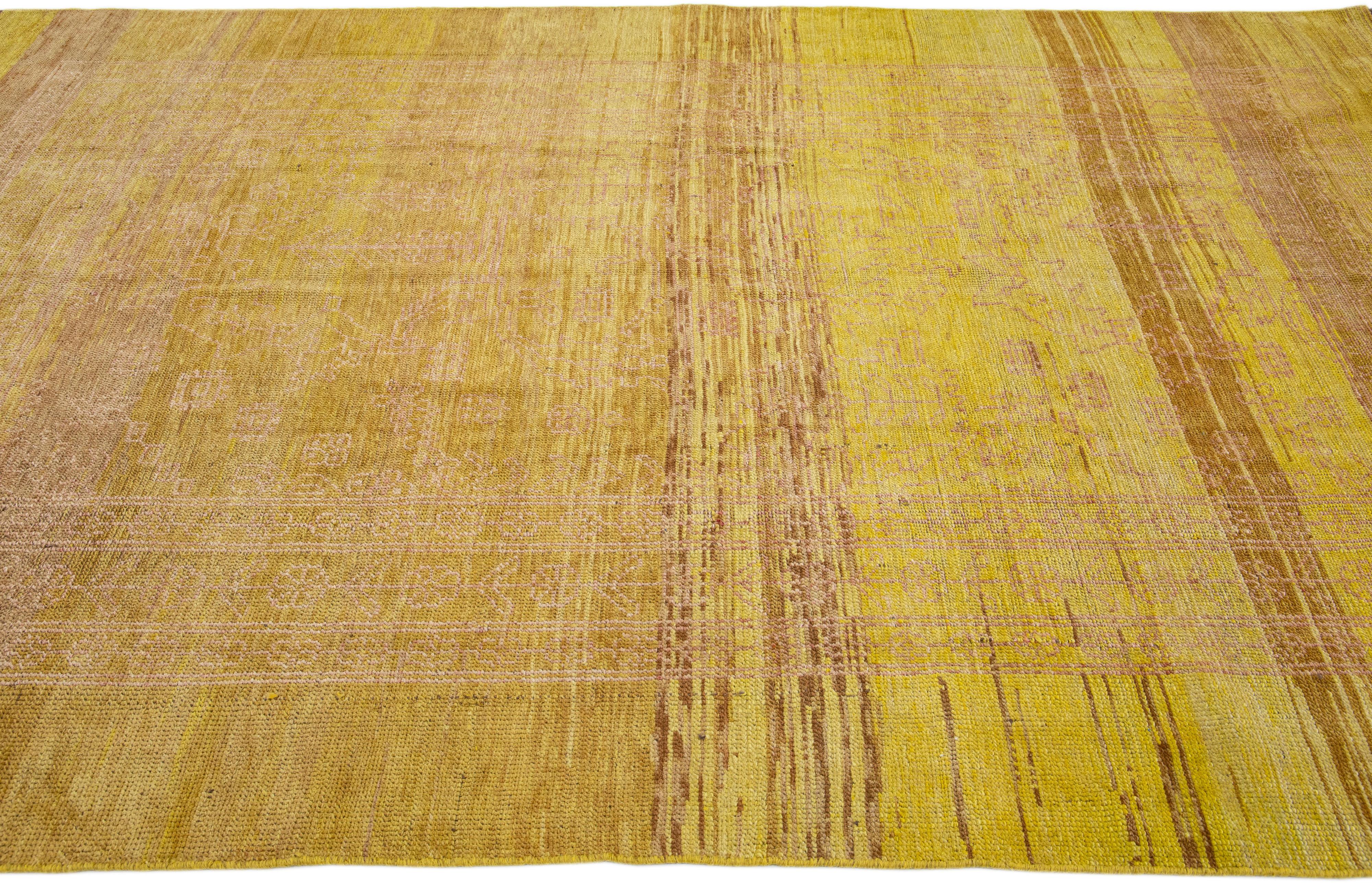Modern Transitional Handmade Allover Yellow & Brown Wool Rug by Apadana For Sale 1