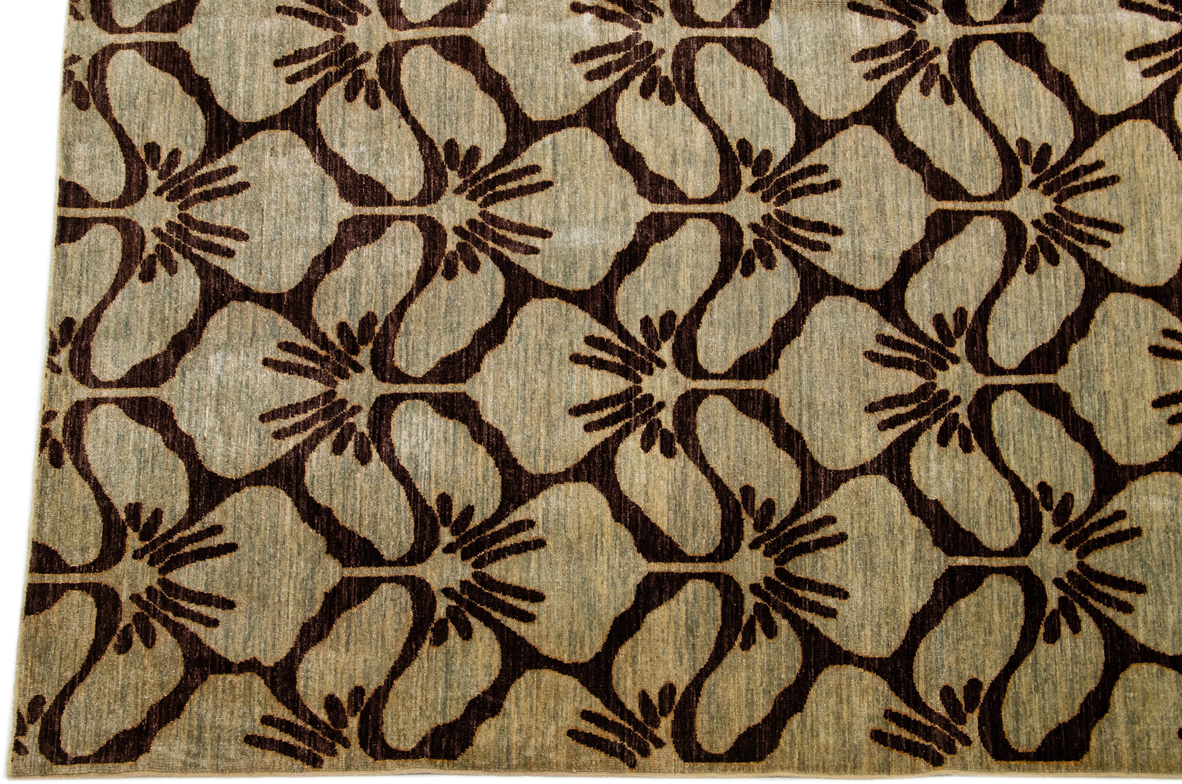 Contemporary Modern Transitional Handmade Brown Palmettes Pattern Oversize Tan Wool Rug For Sale