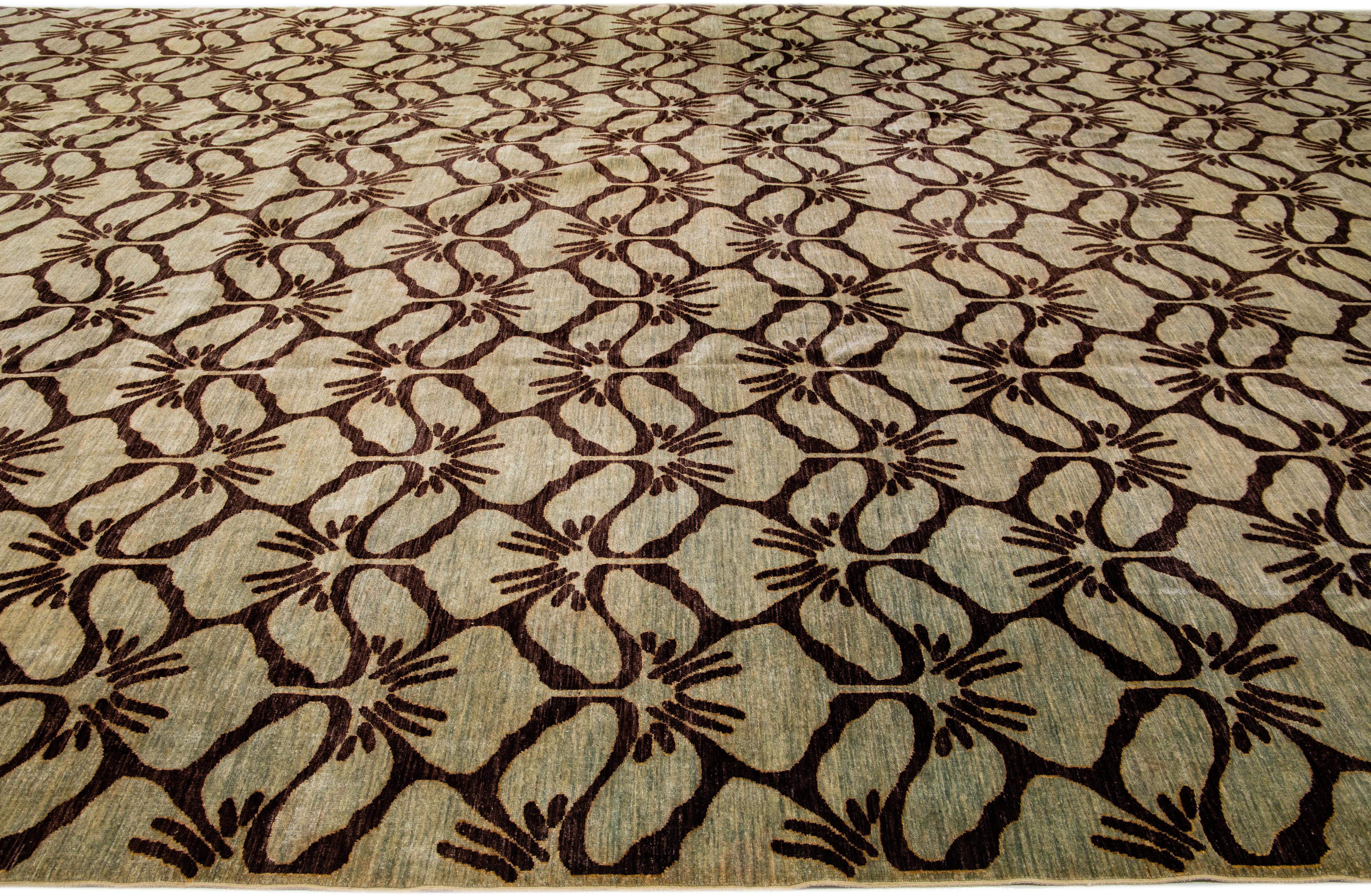 Modern Transitional Handmade Brown Palmettes Pattern Oversize Tan Wool Rug For Sale 1