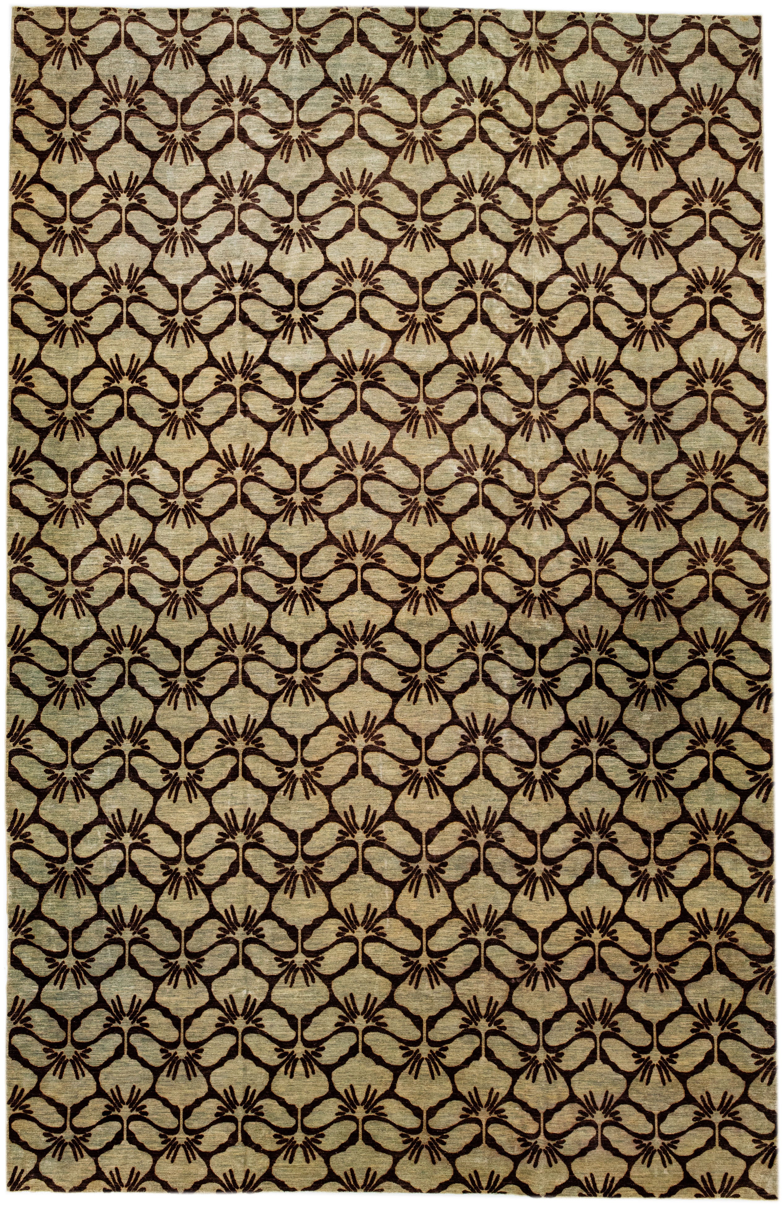 Modern Transitional Handmade Brown Palmettes Pattern Oversize Tan Wool Rug For Sale