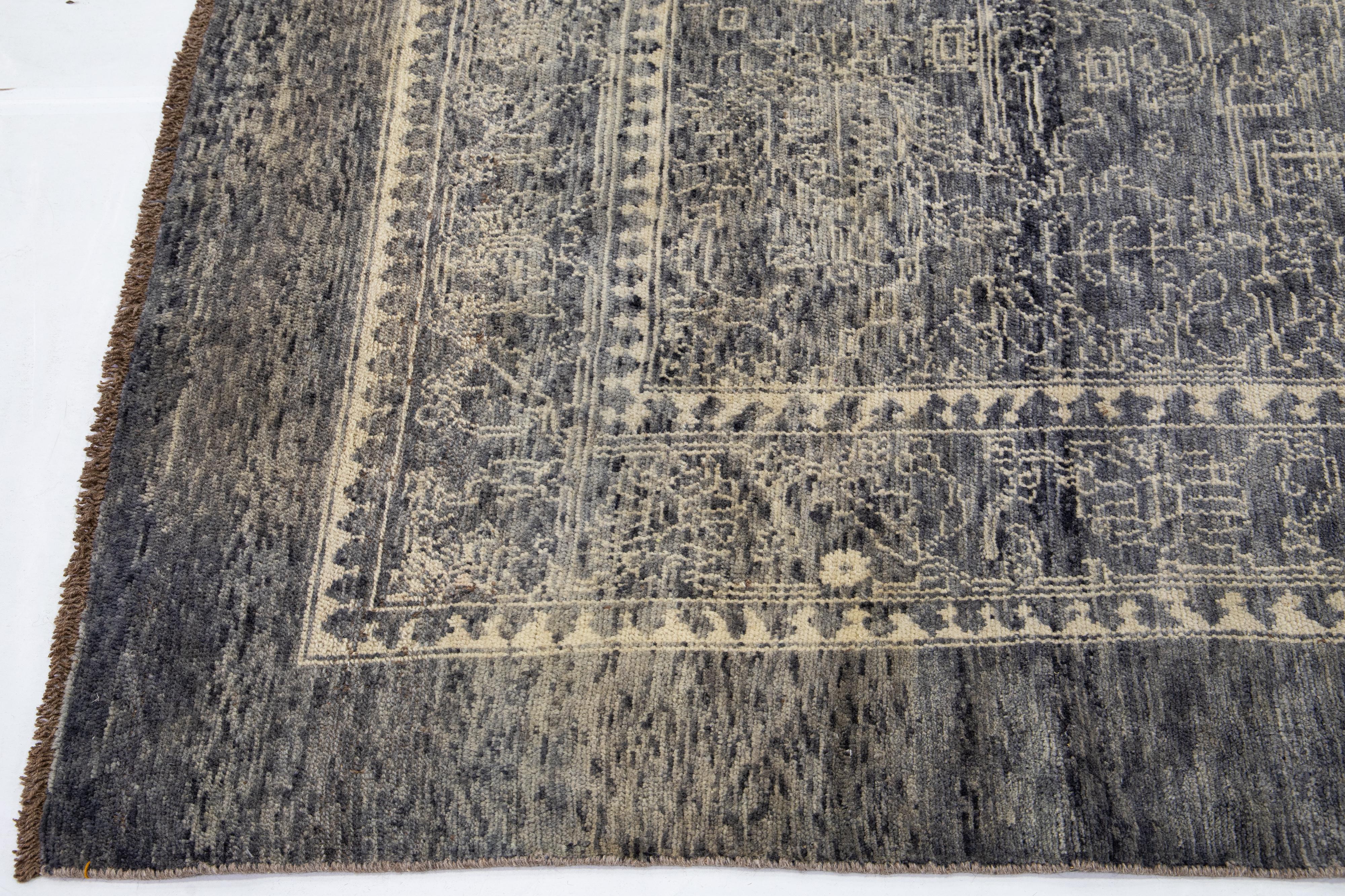 Hand-Knotted Modern Transitional Handmade Gray Designed Wool Rug by Apadana For Sale