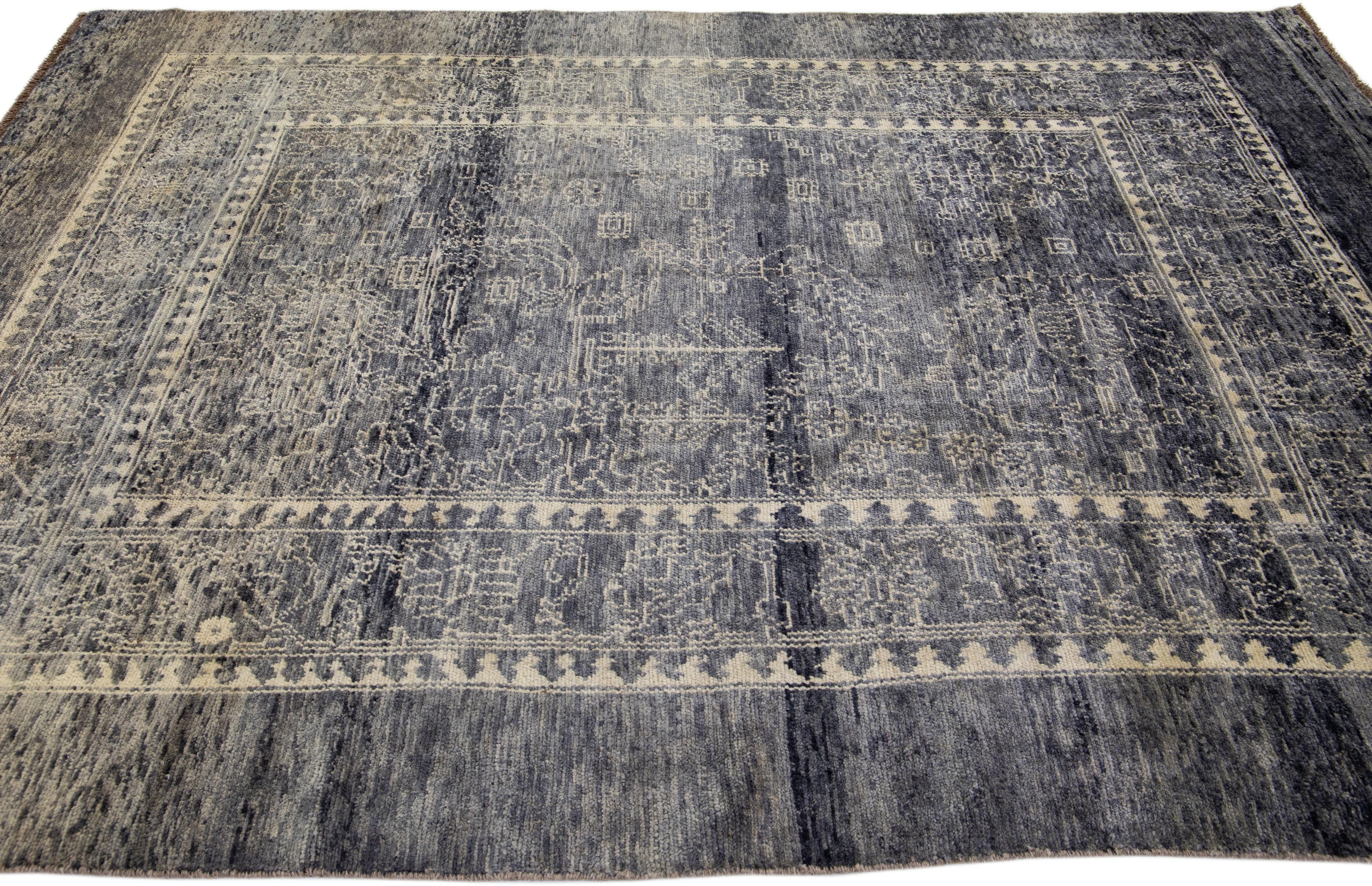 Modern Transitional Handmade Gray Designed Wool Rug by Apadana In New Condition For Sale In Norwalk, CT