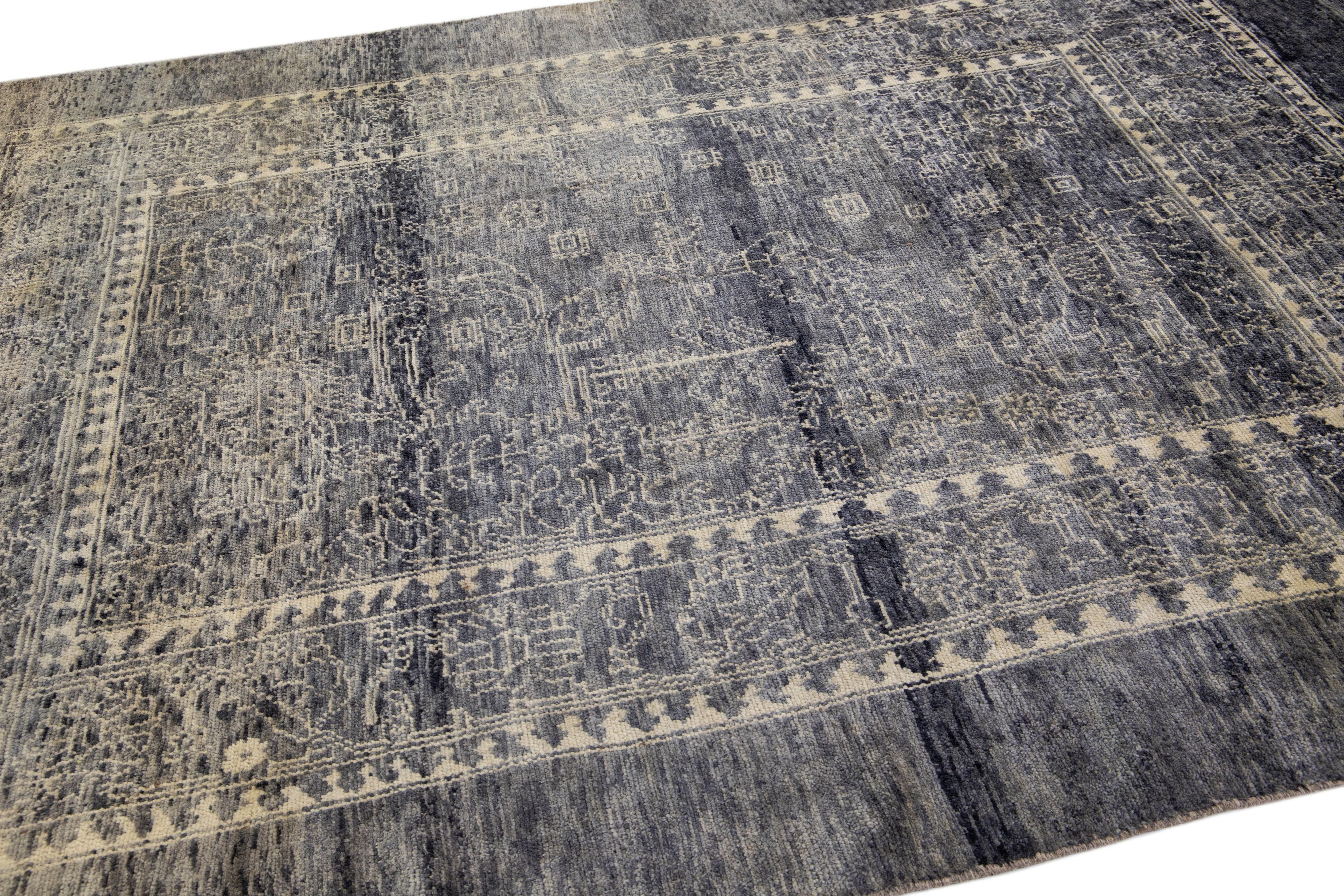 Contemporary Modern Transitional Handmade Gray Designed Wool Rug by Apadana For Sale