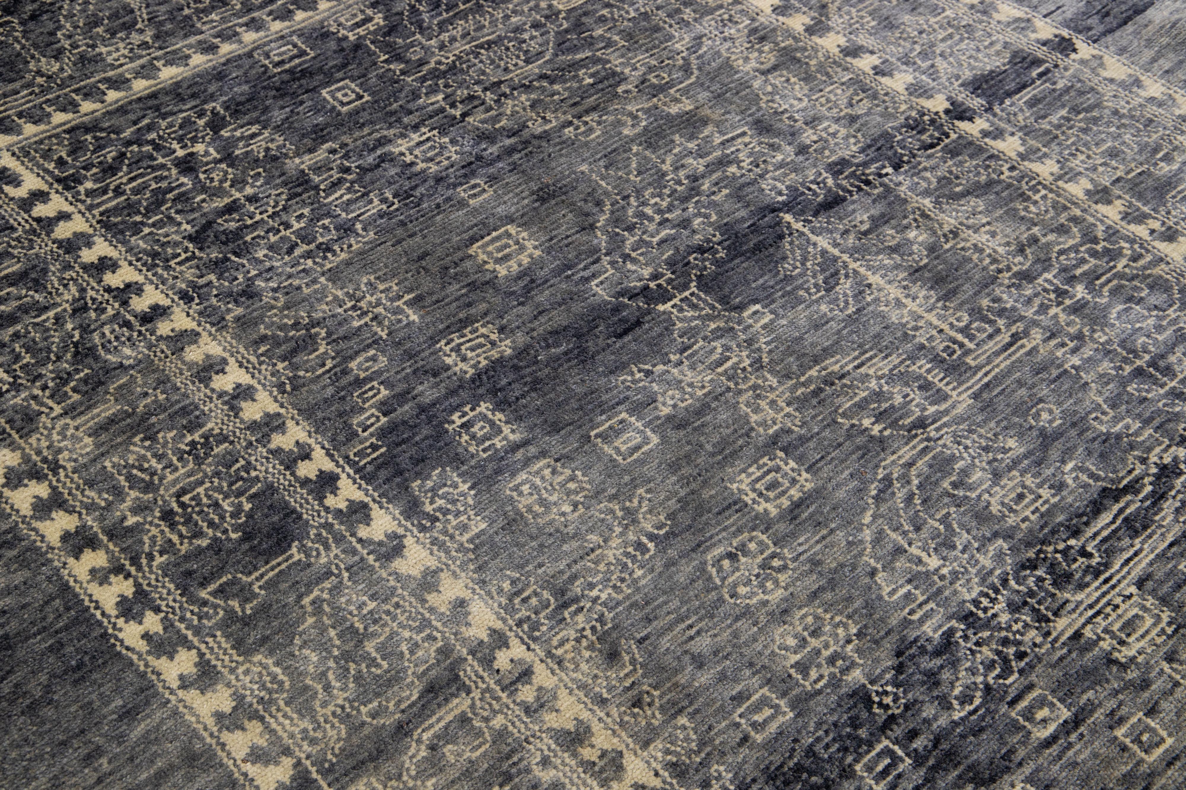 Modern Transitional Handmade Gray Designed Wool Rug by Apadana For Sale 1