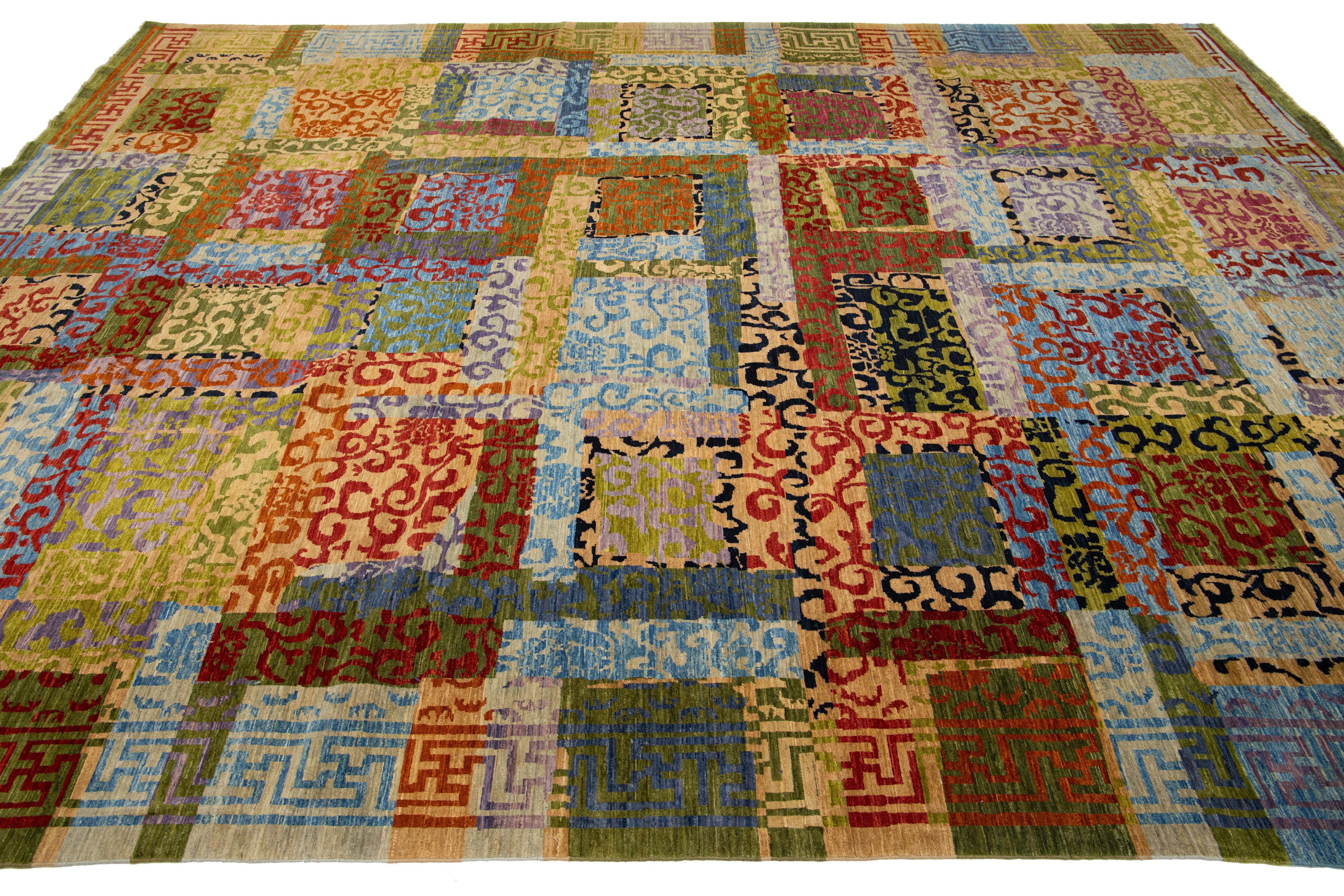 Hand-Knotted  Modern Transitional Handmade Wool Rug with Multicolor Motif For Sale