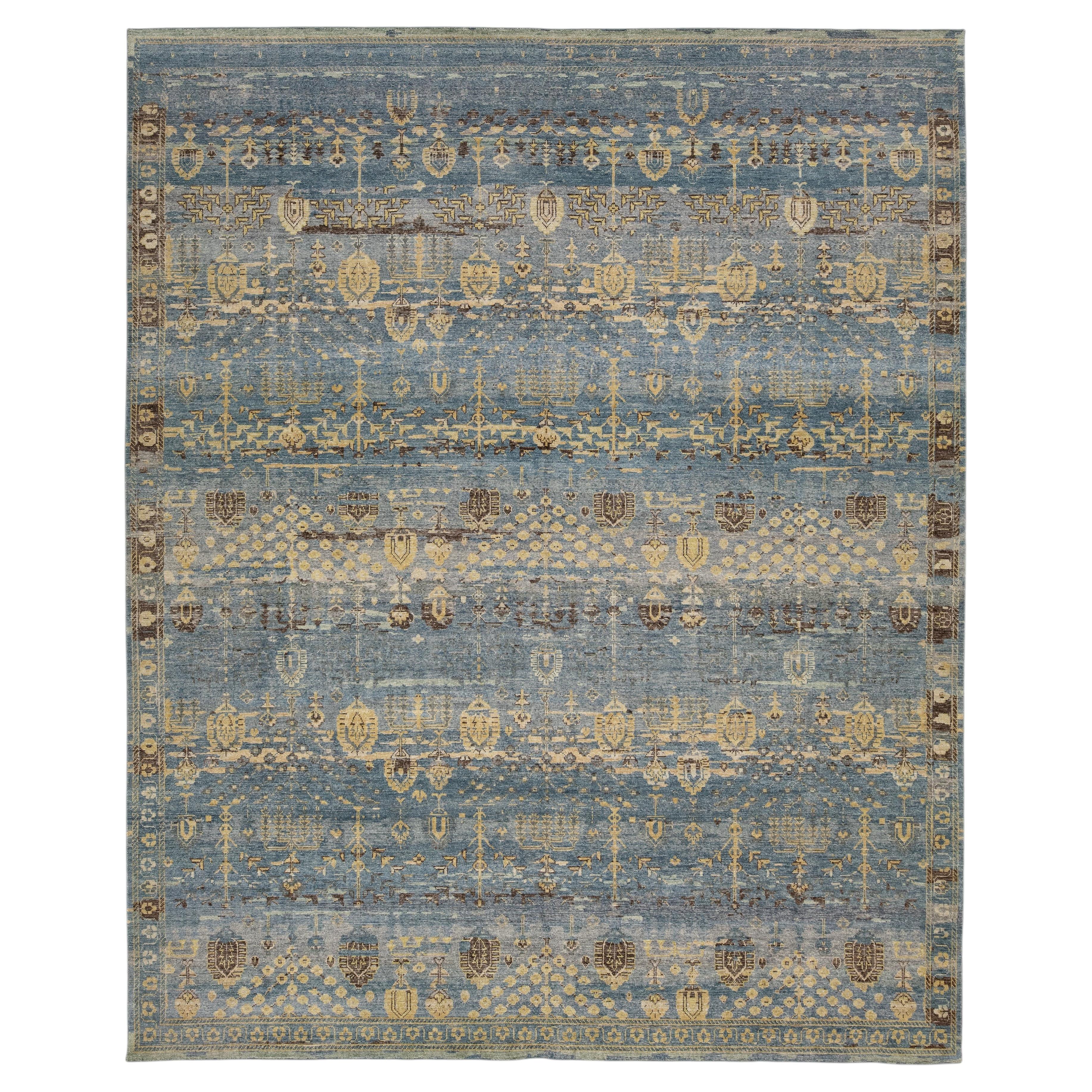 Modern Transitional Khotan Style Blue Wool Area Rug 12x15