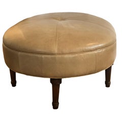 Modern Transitional Leather Oval Ottoman Coffee Table with Wooden Turned Legs