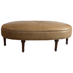 Modern Transitional Leather Oval Ottoman Coffee Table with Wooden Turned Legs
