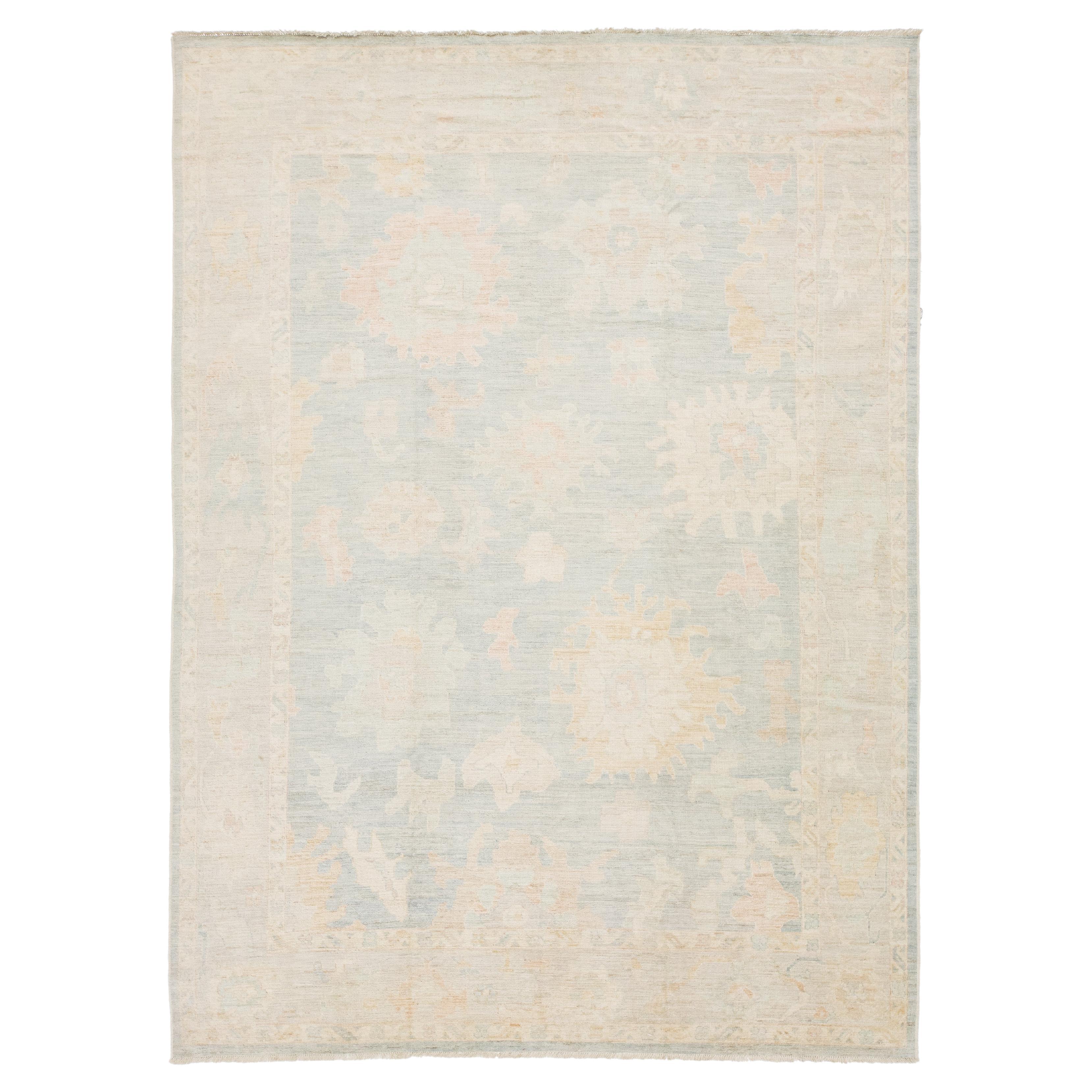 Modern Transitional Oushak Style Pale Blue & Sage Wool Area Rug 10x13