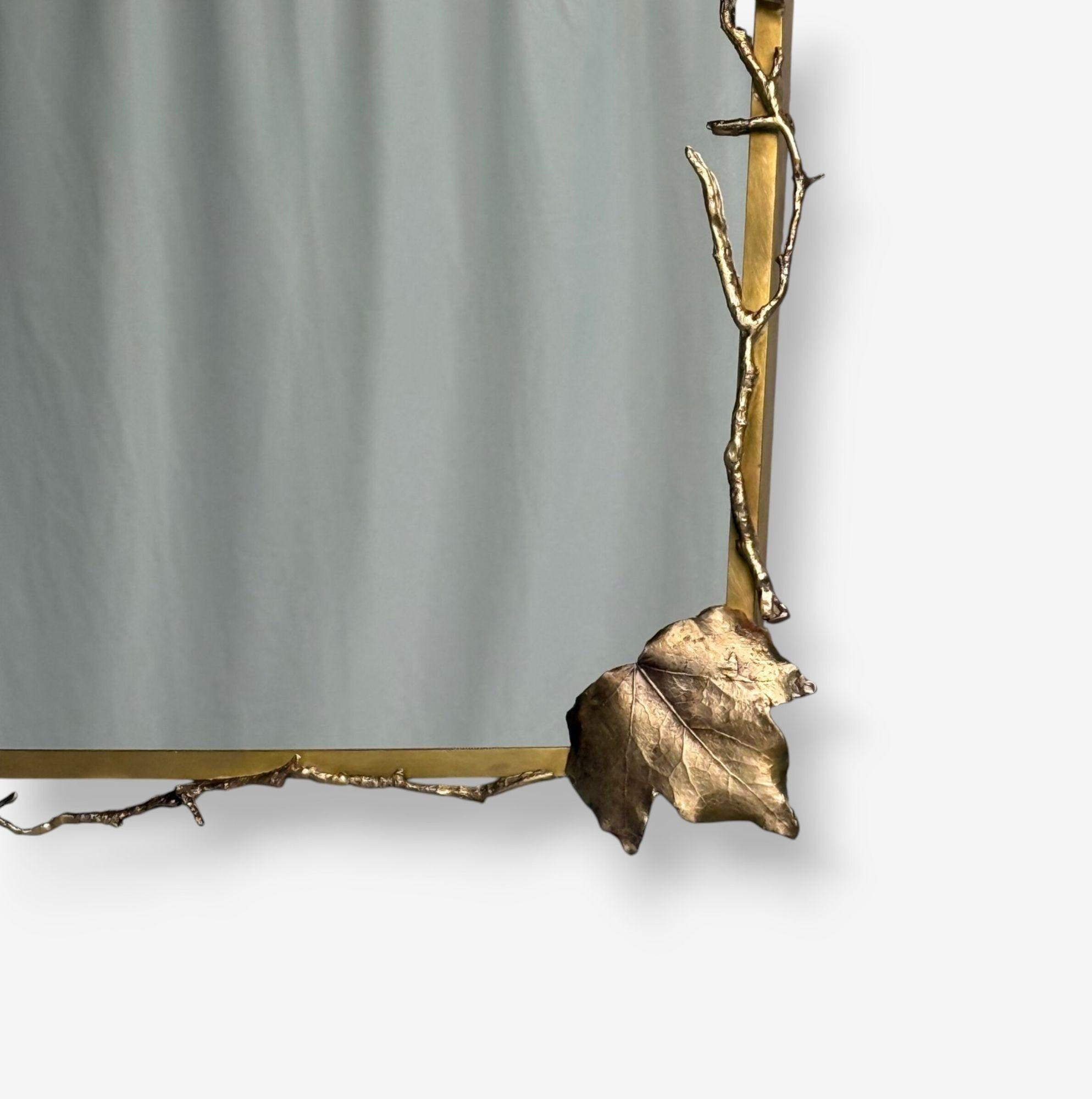 Brass Modern Trapezoidal Bronze Wall Mirrors, Branch and Leaf Motif, France, 21st C. For Sale