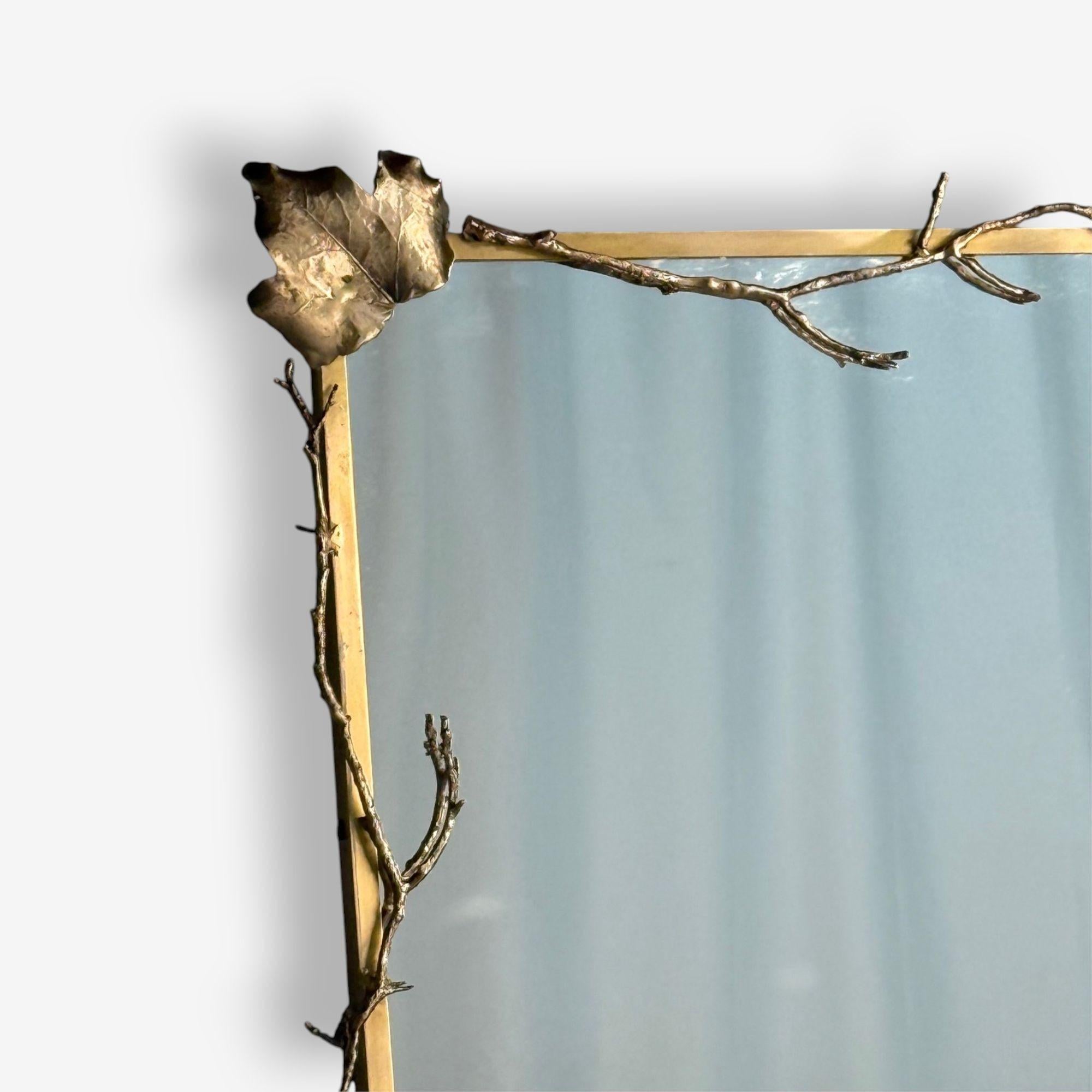 Modern Trapezoidal Bronze Wall Mirrors, Branch and Leaf Motif, France, 21st C. For Sale 2