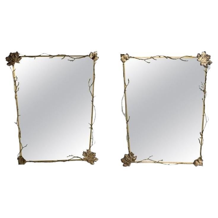 Modern Trapezoidal Bronze Wall Mirrors, Branch and Leaf Motif, France, 21st C. For Sale