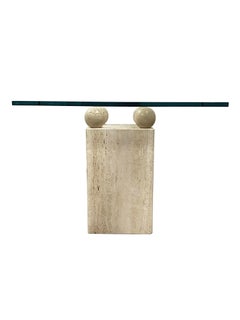 Mid-Century style cocktail or side table w/sculptured travertine base and glass