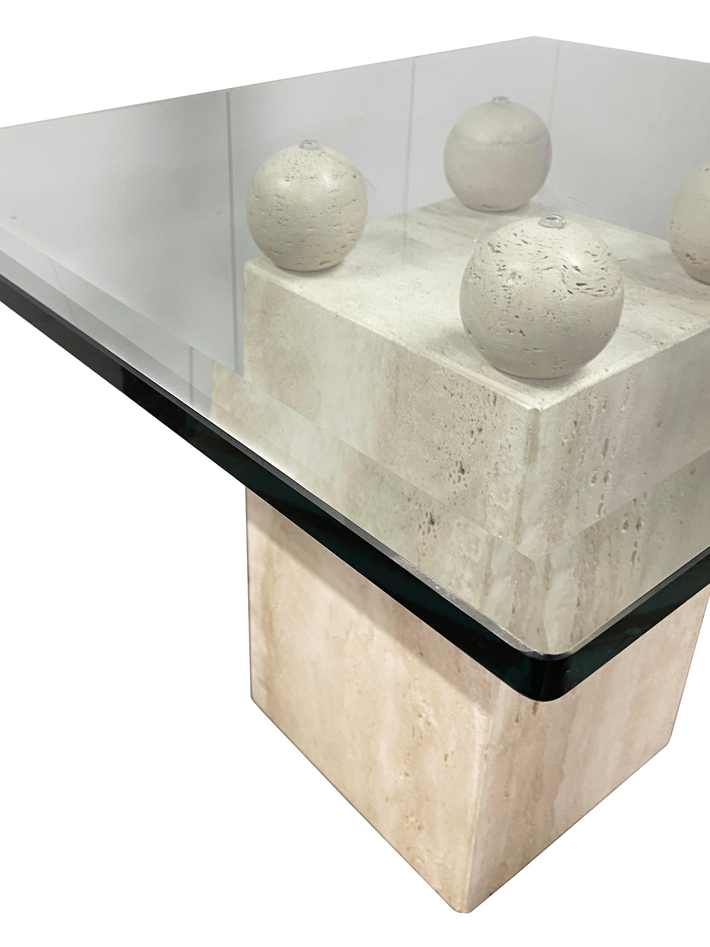 Verre Table moderne en travertin avec plateau en verre en vente