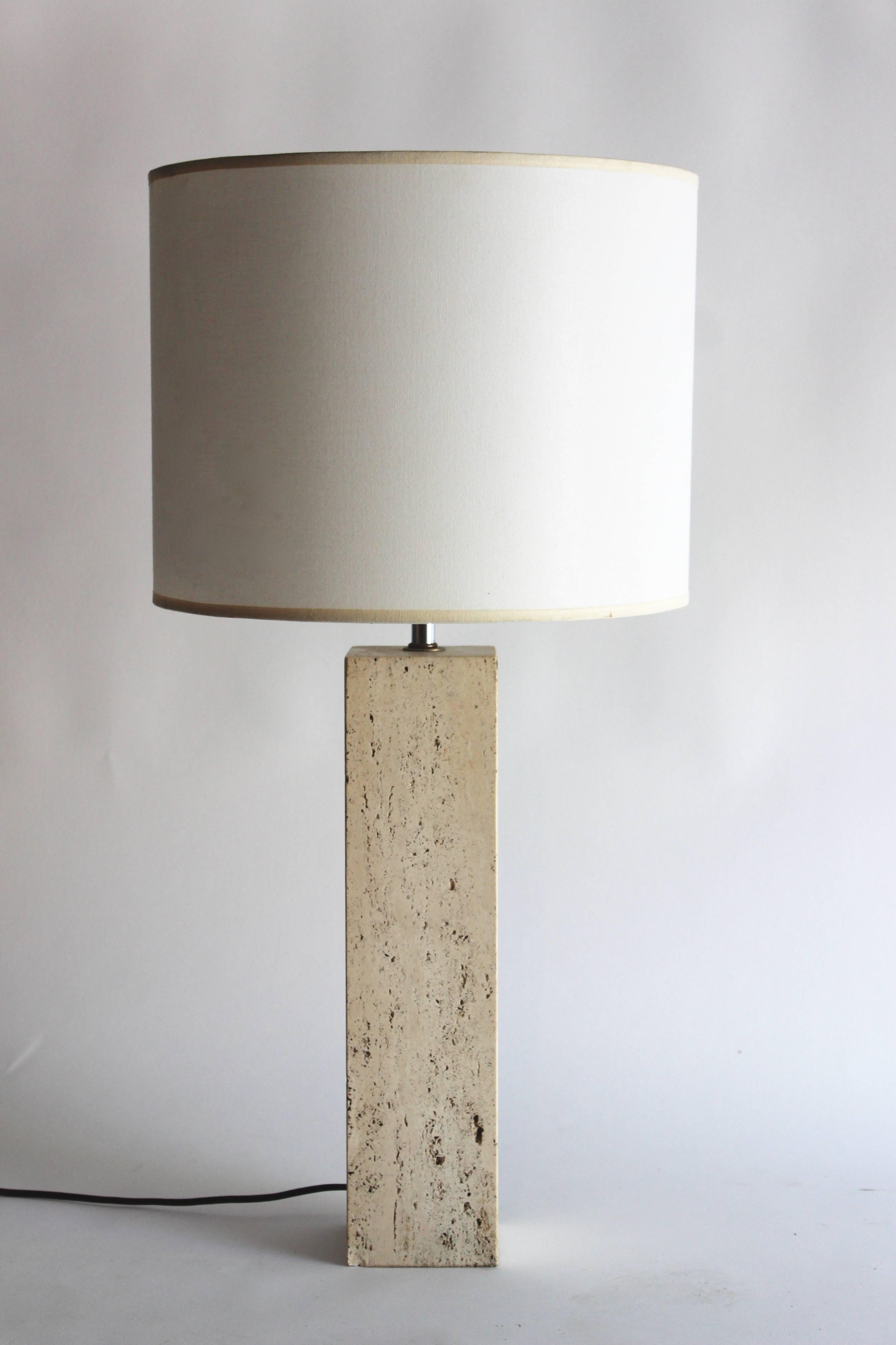 Great modern square column lamp made of travertine marble in the style of Robsjohn Gibbings. Chipped in three areas... 