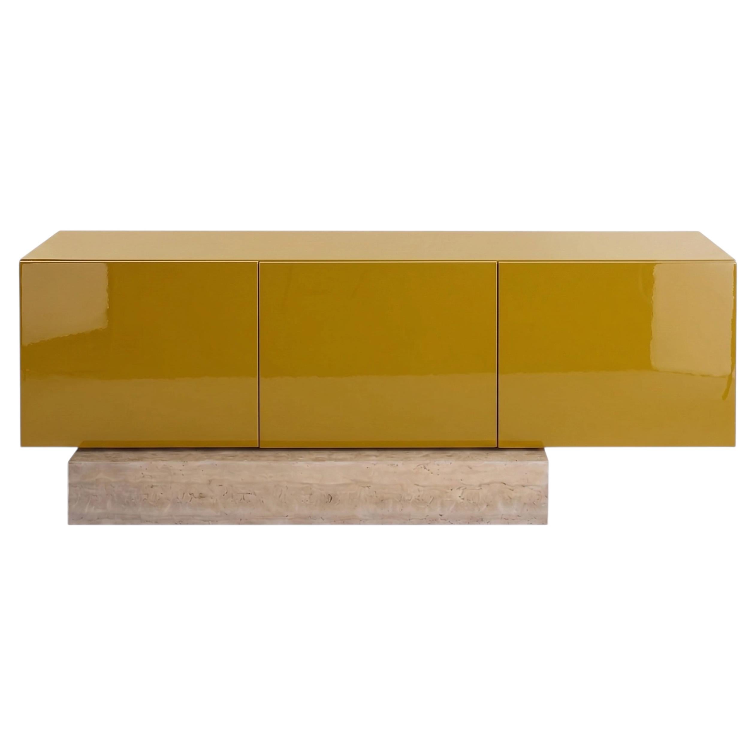 Aparador «Mogg Block» de mármol travertino moderno y lacado brillante, RAL1027