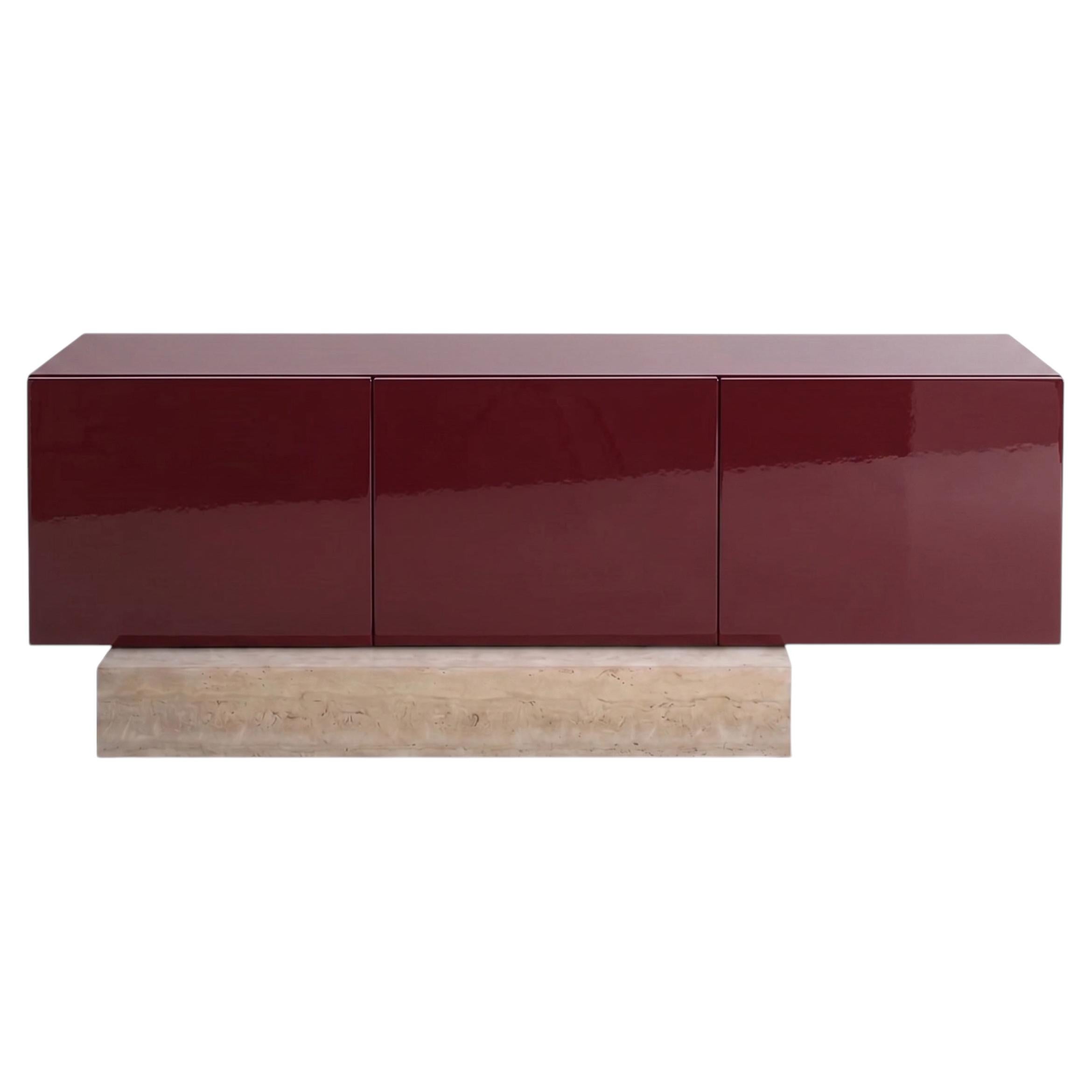 Modern Travertine Marble and Gloss Lacquered Sideboard Buffet Mogg Block RAL3004 For Sale