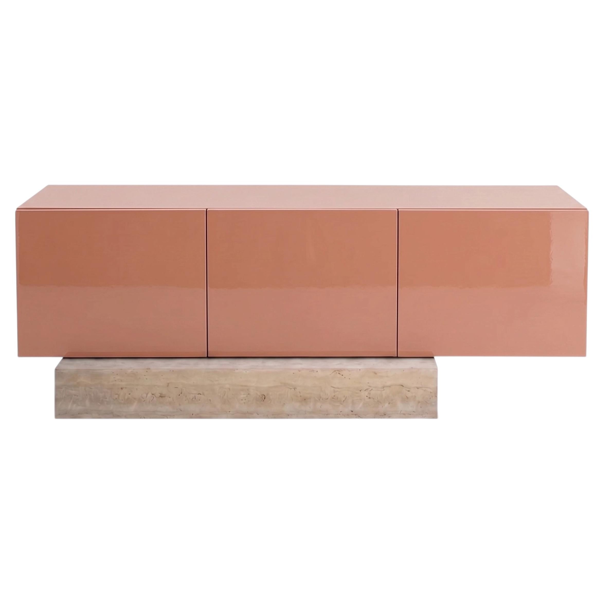 Modern Travertine Marble and Gloss Lacquered Sideboard Buffet Mogg Block RAL3012 For Sale