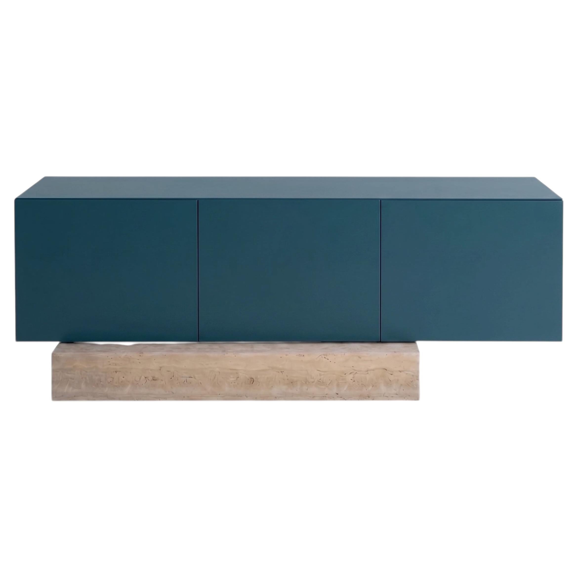 Modern Travertine Marble and Matt Lacquered Sideboard Buffet Mogg Block RAL 5020 For Sale