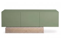 Aparador «Mogg Block» de mármol travertino moderno y lacado mate, RAL 6021